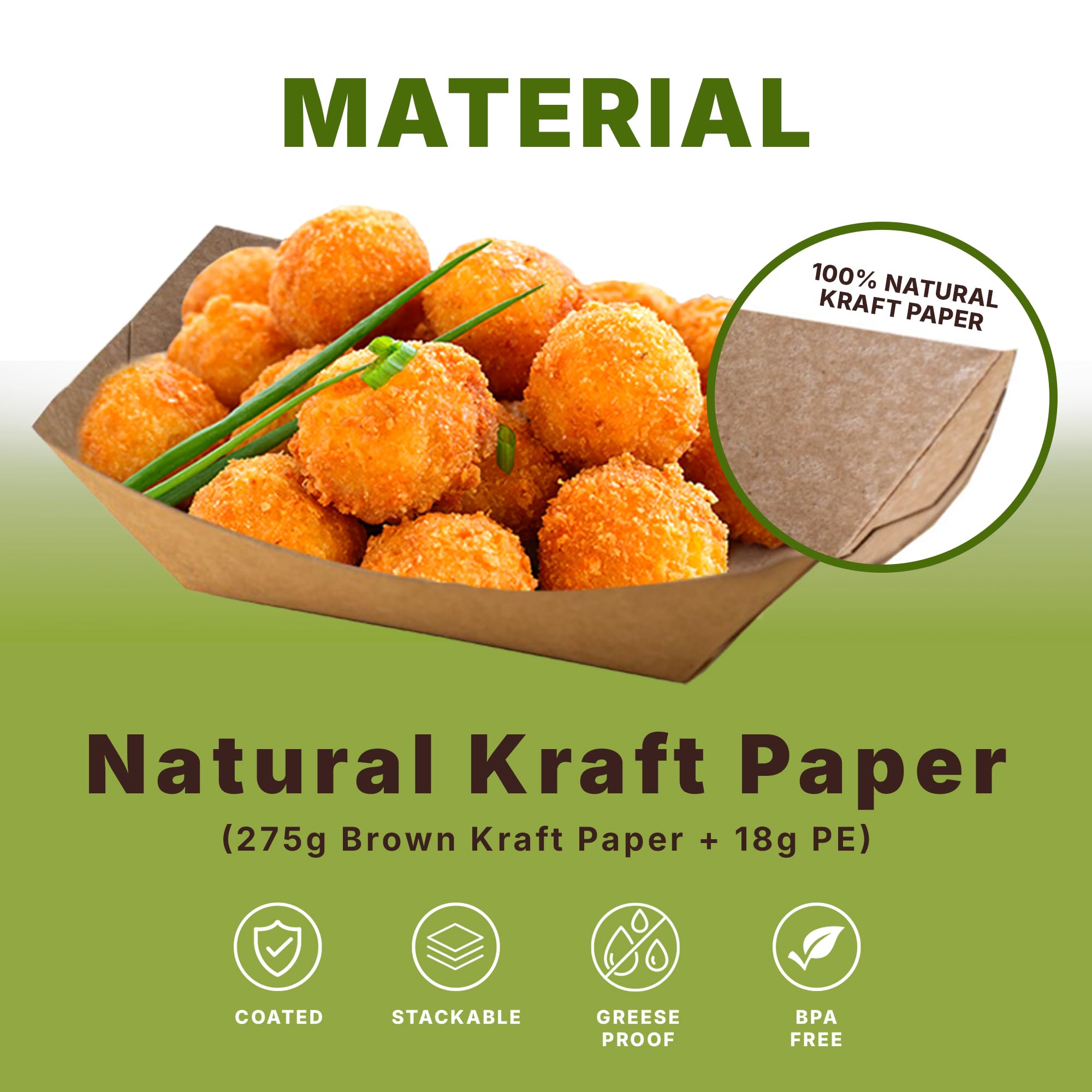 Klex 500 Pack 5 lb Kraft Paper Food Trays, Disposable Brown Serving Take Out Boats Basket Tray, 6.69