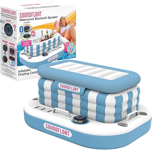 Inspired Living Inflatable Cooler with Lid, Bluetooth 5 IPX7 Waterproof Speaker, 6 Cup Holders, 24 Can Capacity, Floating Pool Bar, Durable Handles, Beach Party, Pool Accessories for Adults,