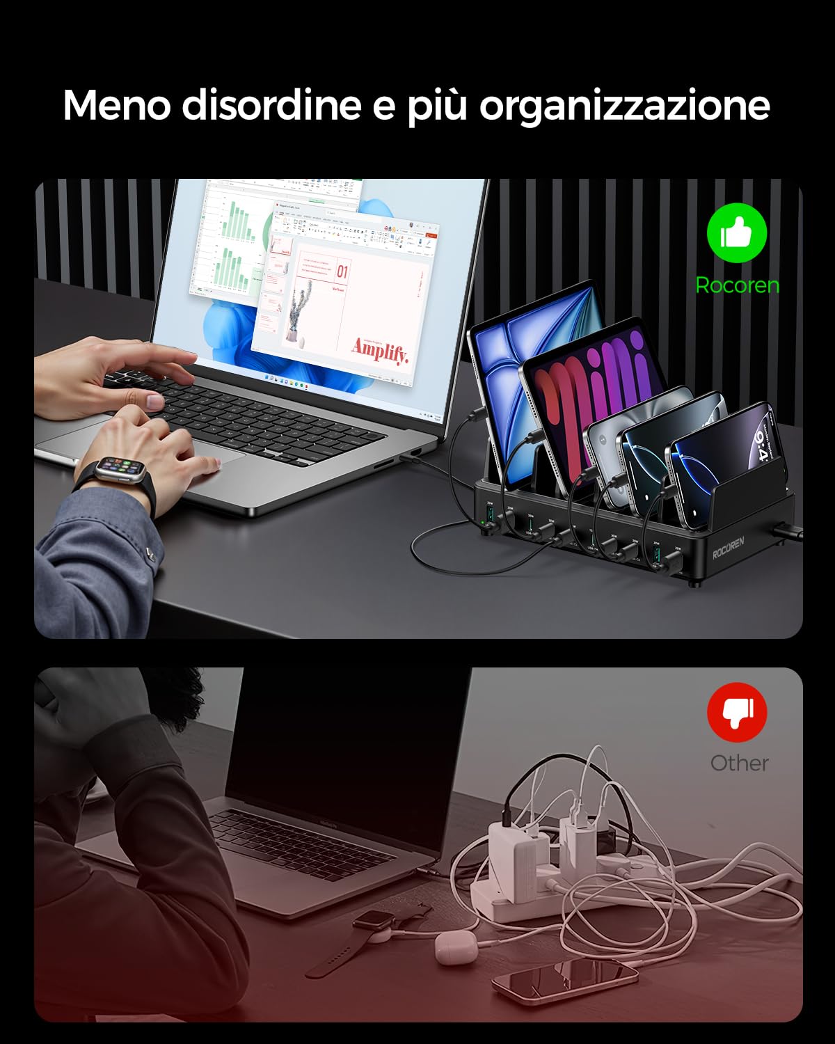 Stazione di Ricarica 400W Multi-dispositivo Rocoren da, PD100W USB C GaN 10 Porte Stazione di Ricarica per Telefoni Cellulari, Caricabatterie da Tavolo Compatibile con MacBook Pro/Air, iPh0ne, Galaxy