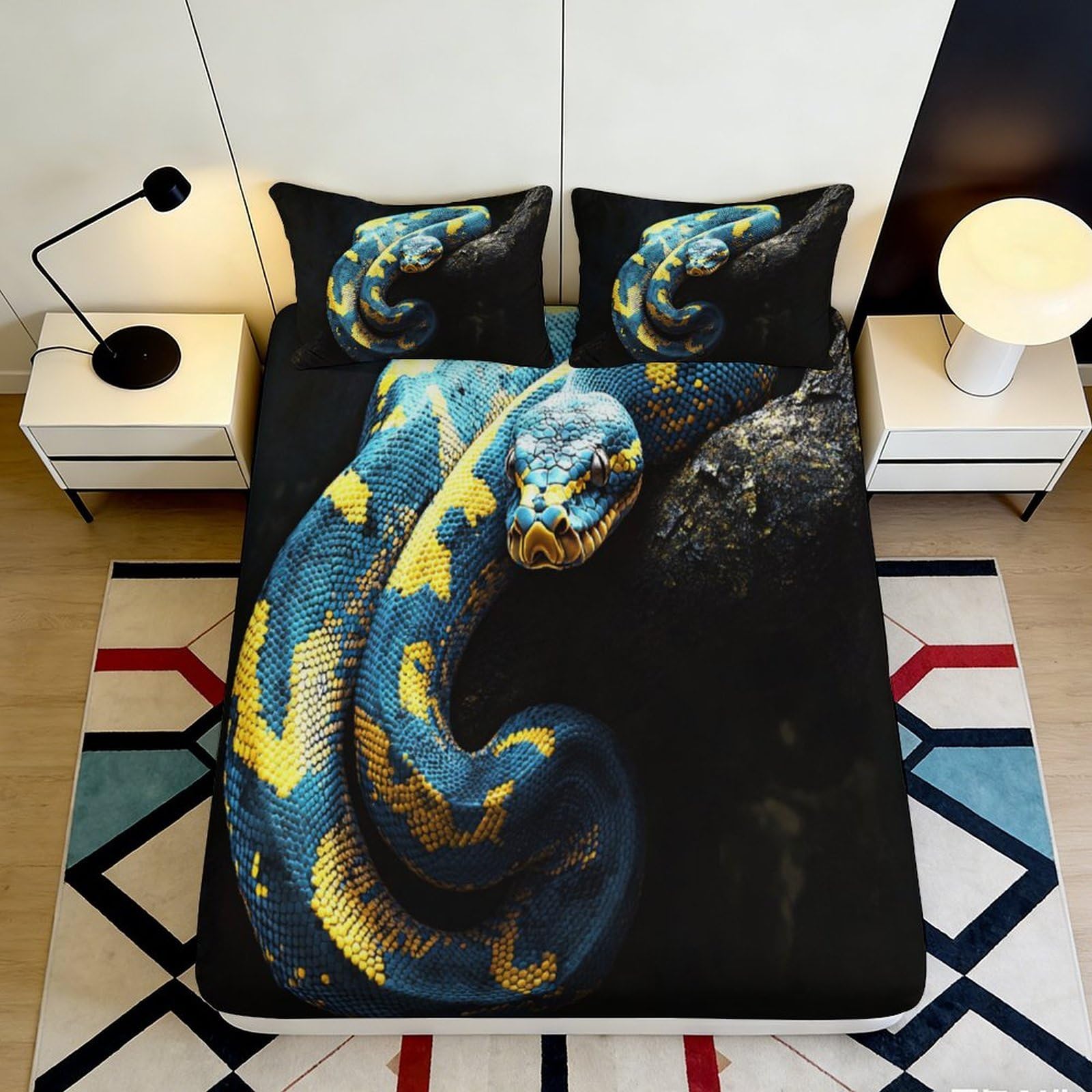 3D Printed Blue Yellow Snake Fitted Sheet Microfiber Soft Breathable Reptile Bed Cover for Bedroom Dorm Decor 90x200x25cm