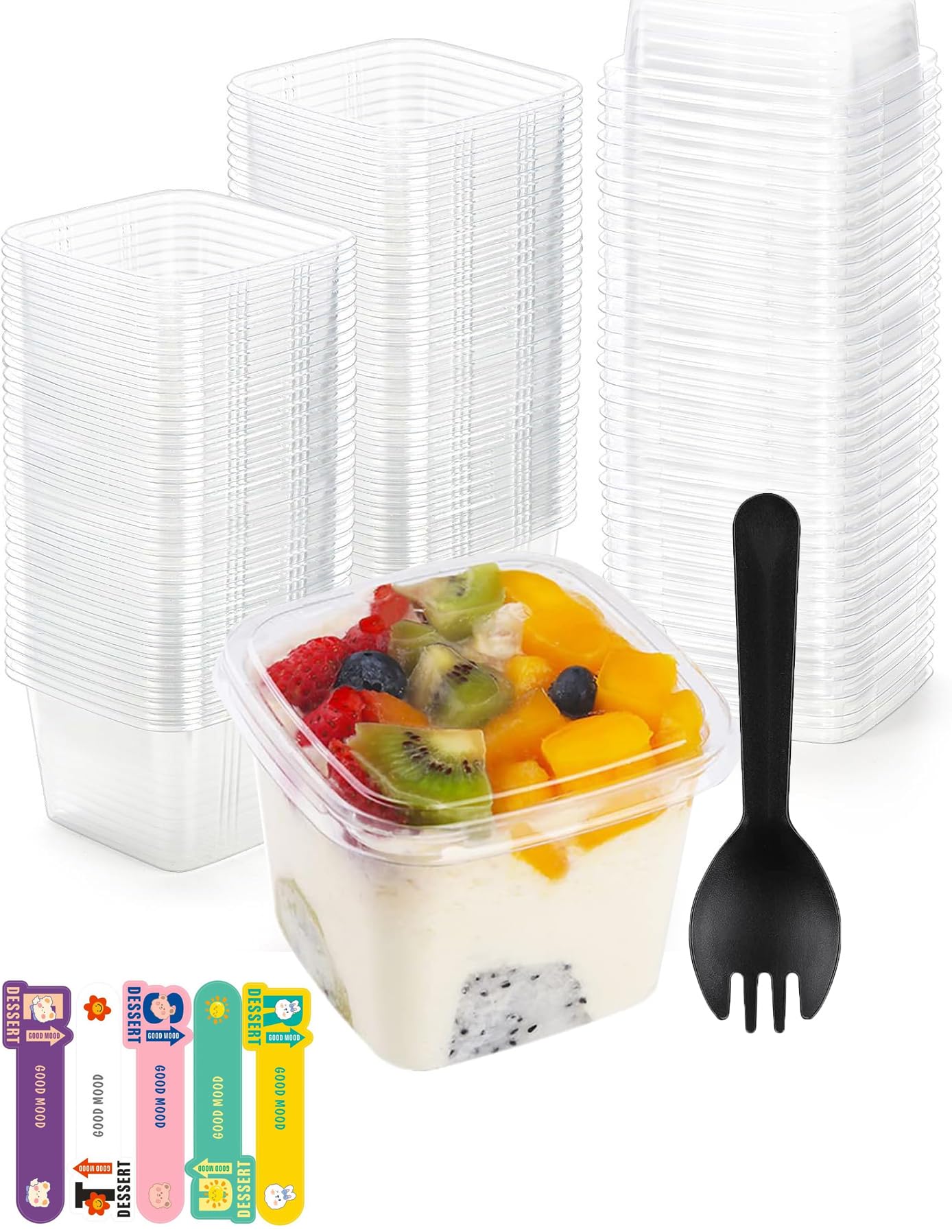 50pcs Dessert Cups 12oz Square Plastic Dessert Bowls with Lids and sporks, Clear Plastic Yogurt Parfait Cups Cake Cups for Mousse, Fruit, Banana Pudding Cups