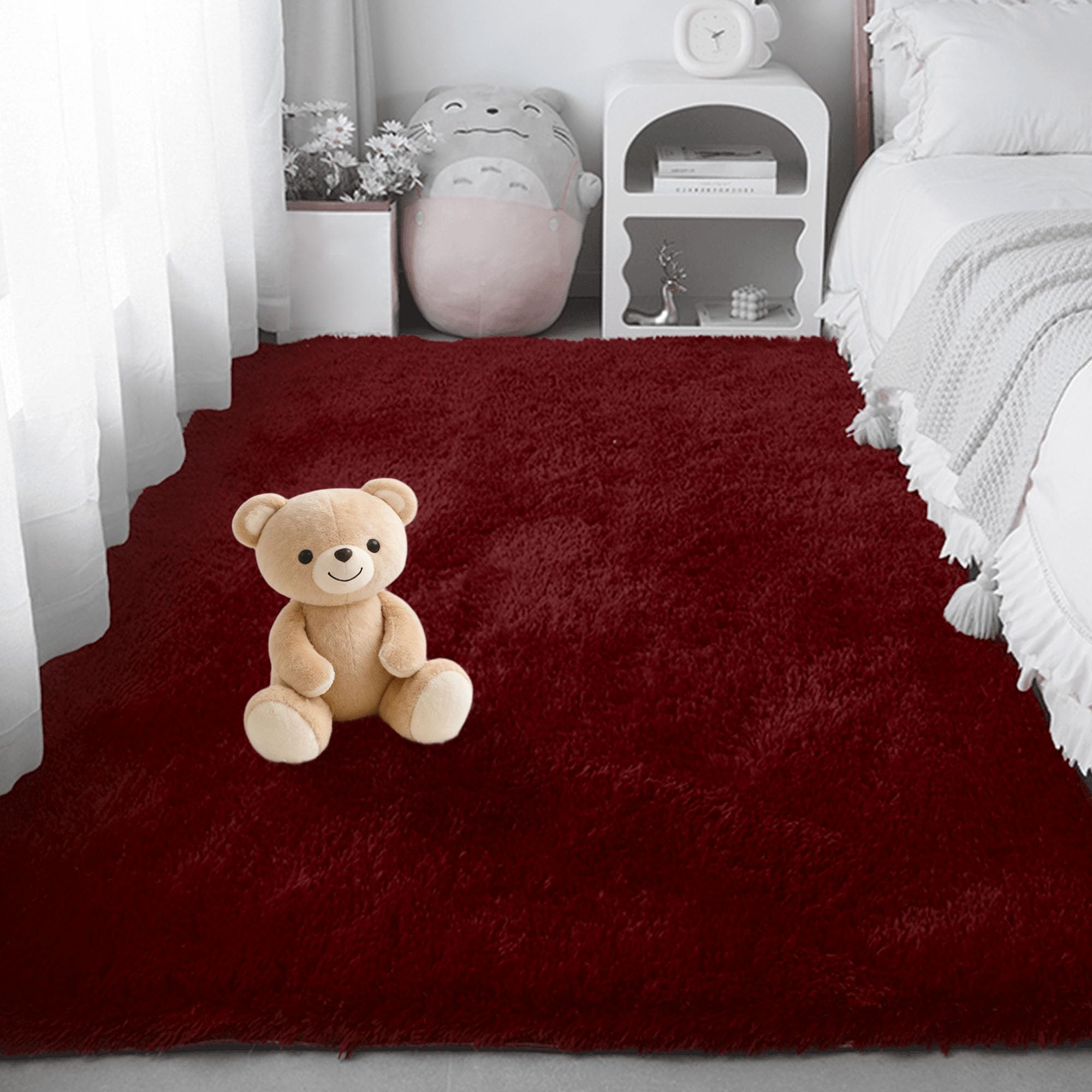 Tapis de salon 220 x 250 cm lavable et antidérapant en peluche moderne grand format vin rouge