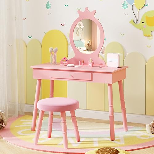 Costzon Vanity - Juego de tocador para niñas con espejo y taburete acolchado, cajón, 2 en 1 de madera para niños, tocador y sillas (rosa)