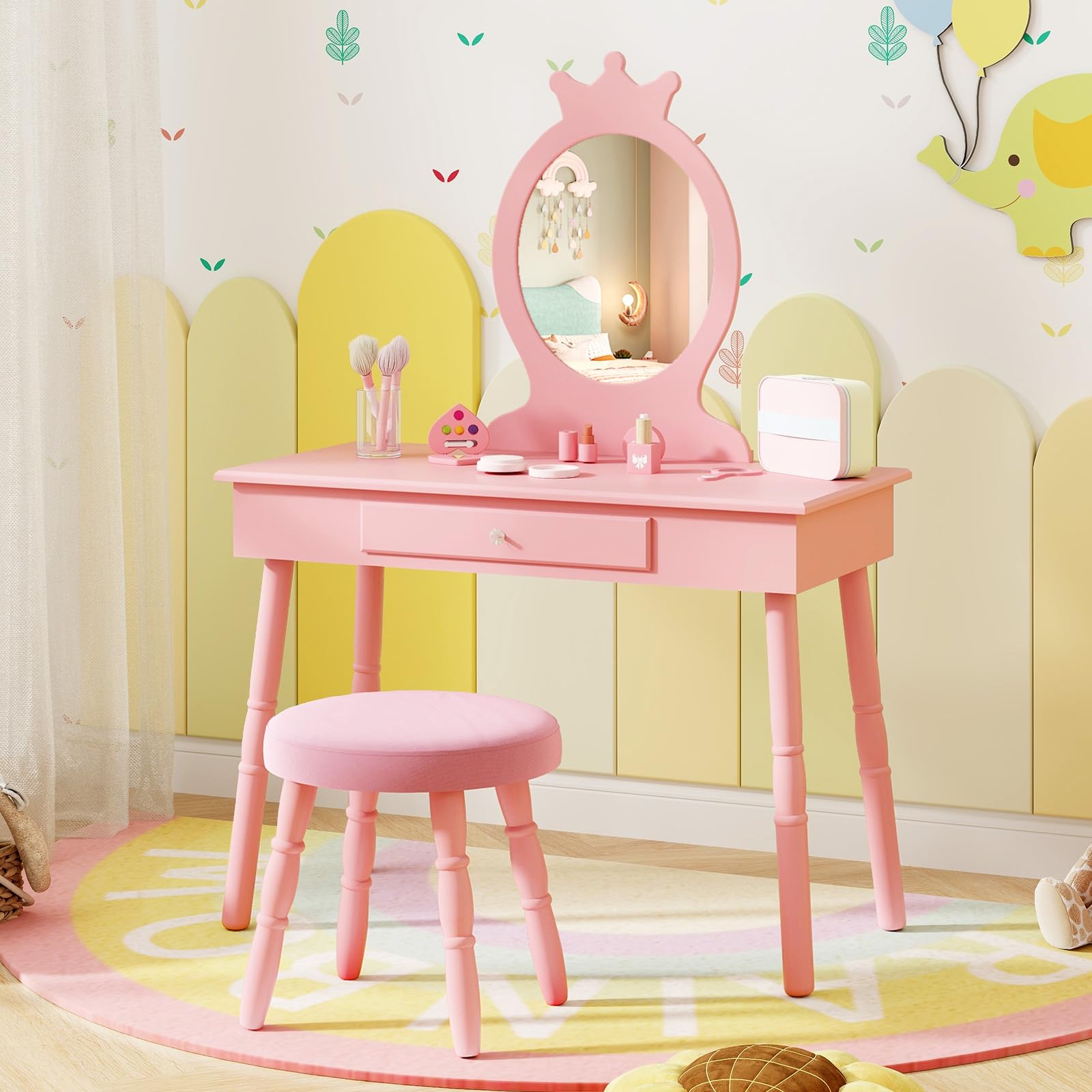 Costzon Kids Vanity, Girls Vanity Set with Mirror and Cushioned Stool, Drawer, 2 in 1 Wooden Toddler Makeup Vanity Desk Dressing Table, Kids Vanity Table and Chair Set (Pink)