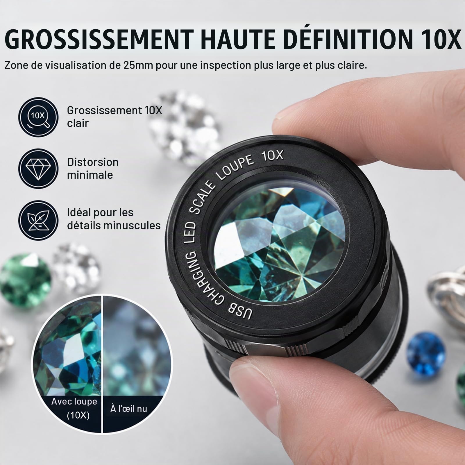 Loupe de bijoutier 10x avec échelle Rechargeable lumières LED lentille 25mm