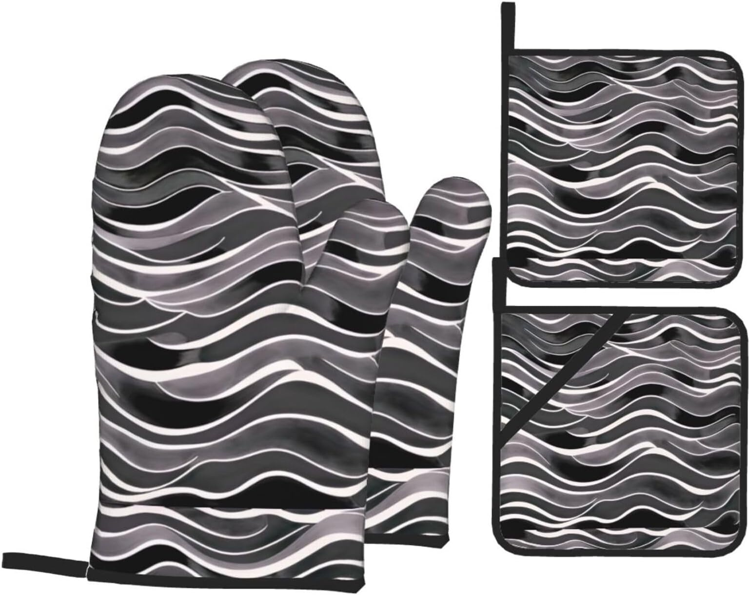 Dynamic waves Pattern Kitchen baking four-piece set Includes 2 Insulated Gloves and 2 Pot Lid Pads with Pockets anti-scalding and heat-insulating