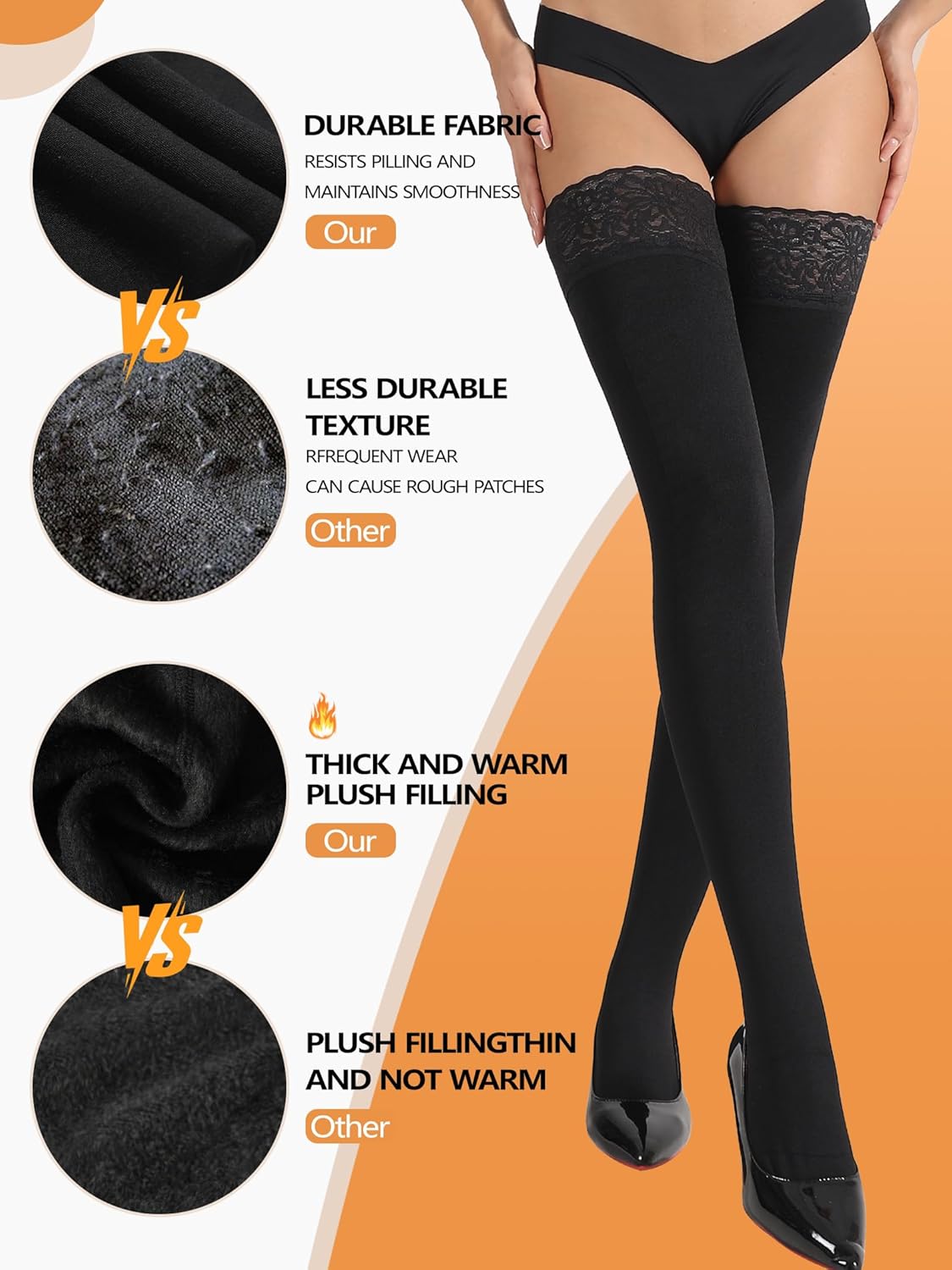 DORALLURE Fleece Lined Thigh High Stockings for Women Opaque Lace Top Thermal Pantyhose Tights - Image 2
