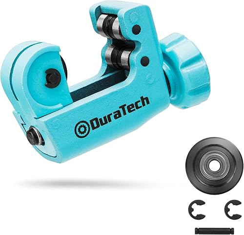 DURATECH Mini cortador de tubos 18"-34" (3-19MM), cobre, aluminio, latón y plástico tubo cortador compacto, con rueda de repuesto