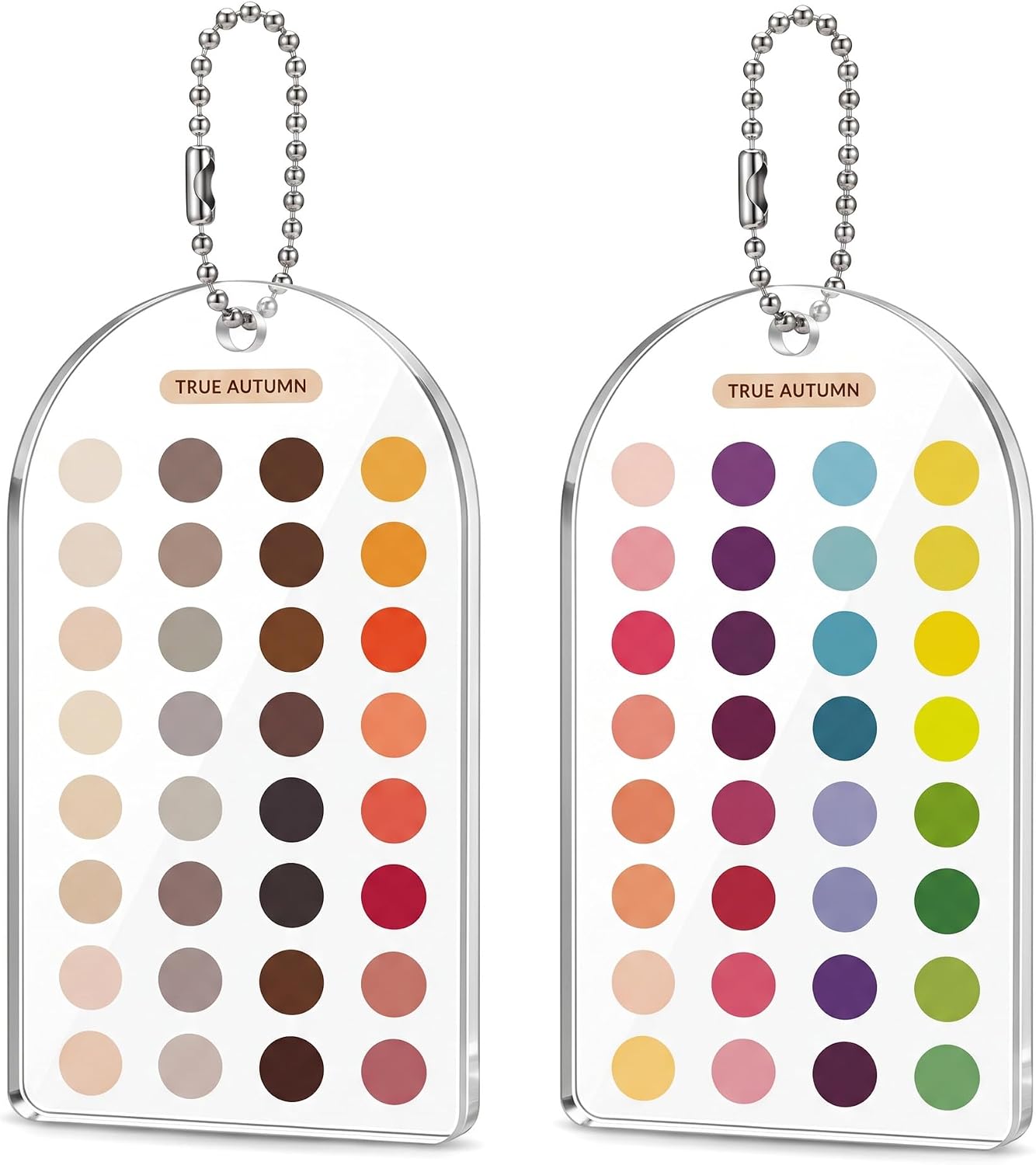 2 Pcs 12 Season True Autumn Color Palette Card, 60+Colors Portable Double Sided Color Analysis Swatches with Bead Ball Chains