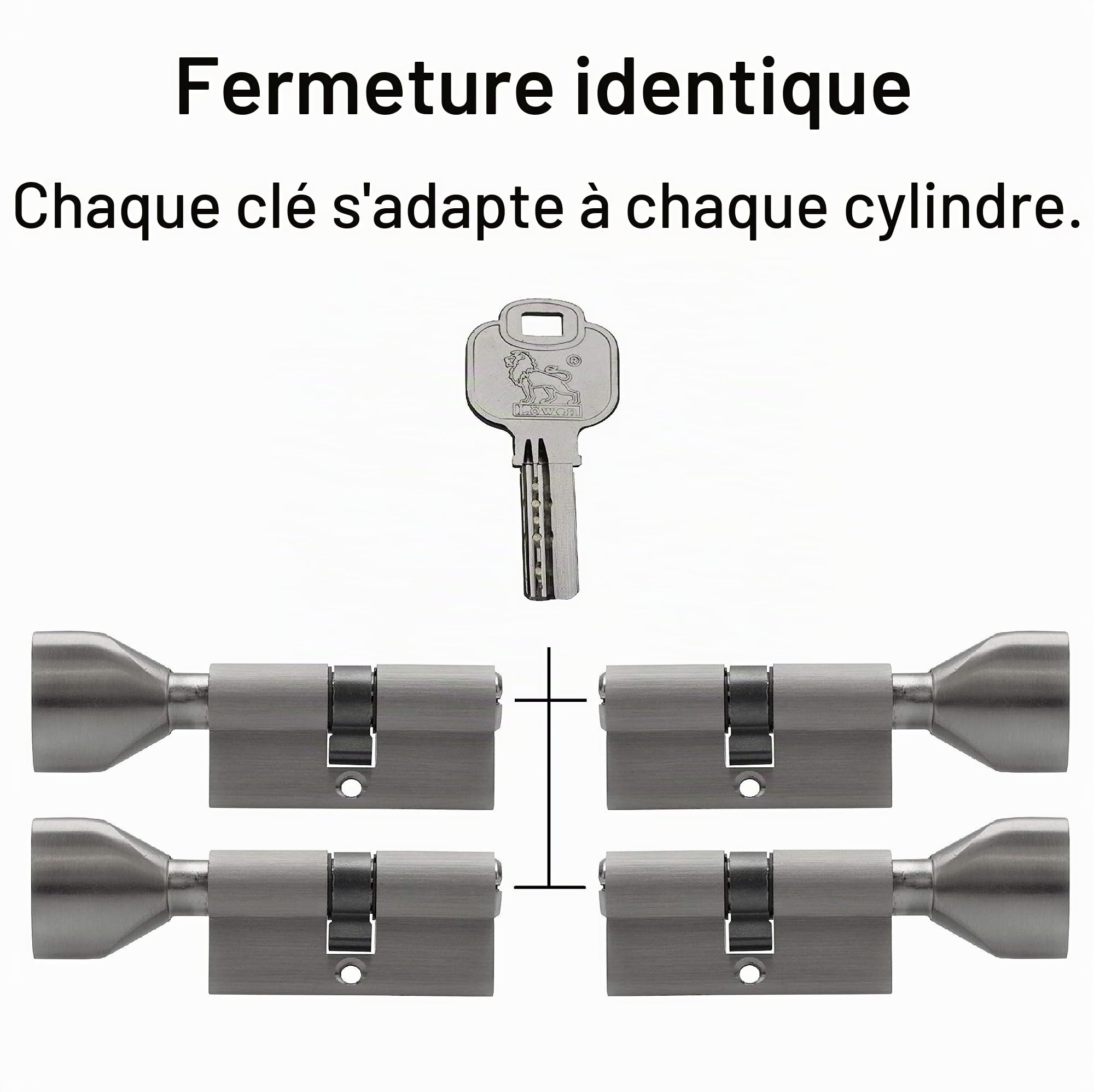Lot de 4 cylindres à bouton KSN 70 mm 35/35 à fermeture identique avec 20 clés