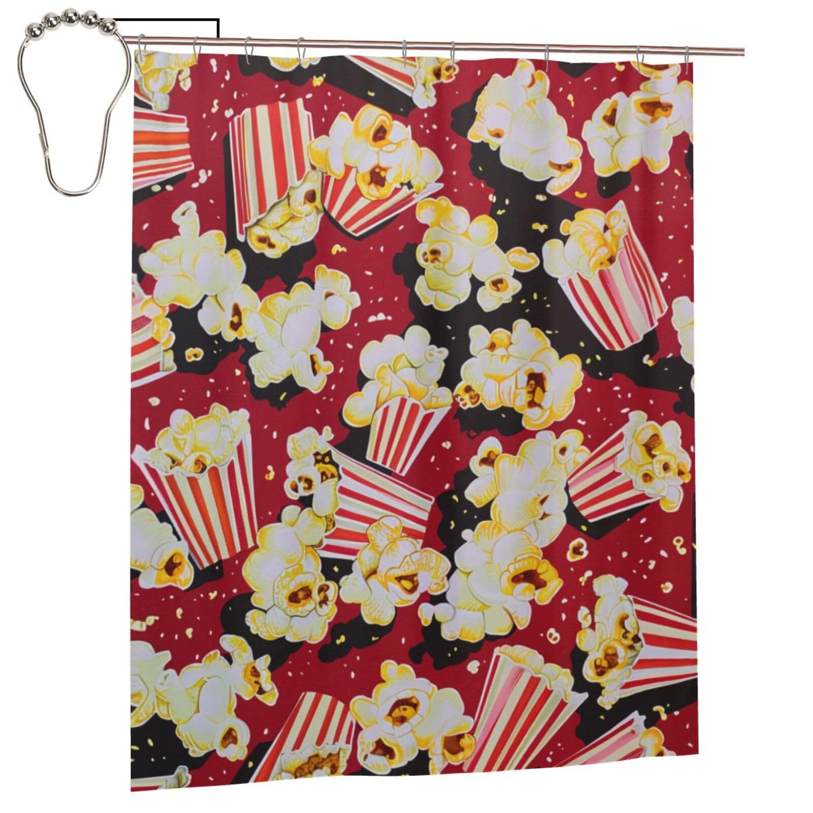 BWWHCCTI Popcorn Print Printed Shower Curtain With 12 Iron Hooks Opaque Quick Drying Waterproof Shower Curtains Sets For Bathroom 152x183 Cm
