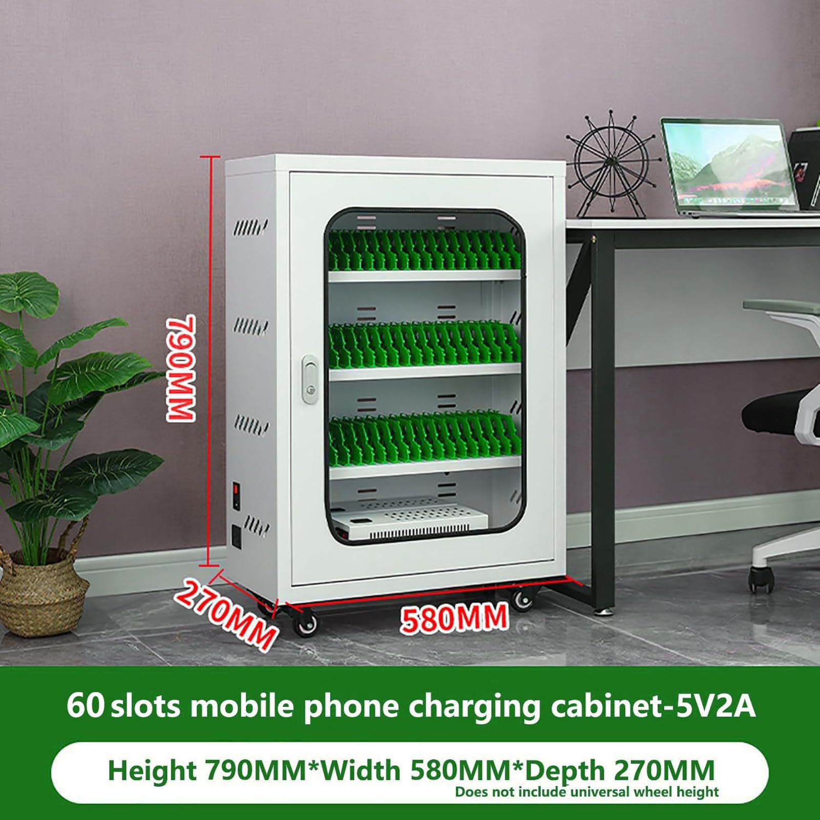 Stacja ładująca do telefonu komórkowego z 60 gniazdami, ładowana przez USB, szafka na kółkach, do szkoły, kościoła, lotniska, 5 V, 2 A, szybkie ładowanie do wielu urządzeń (biała)