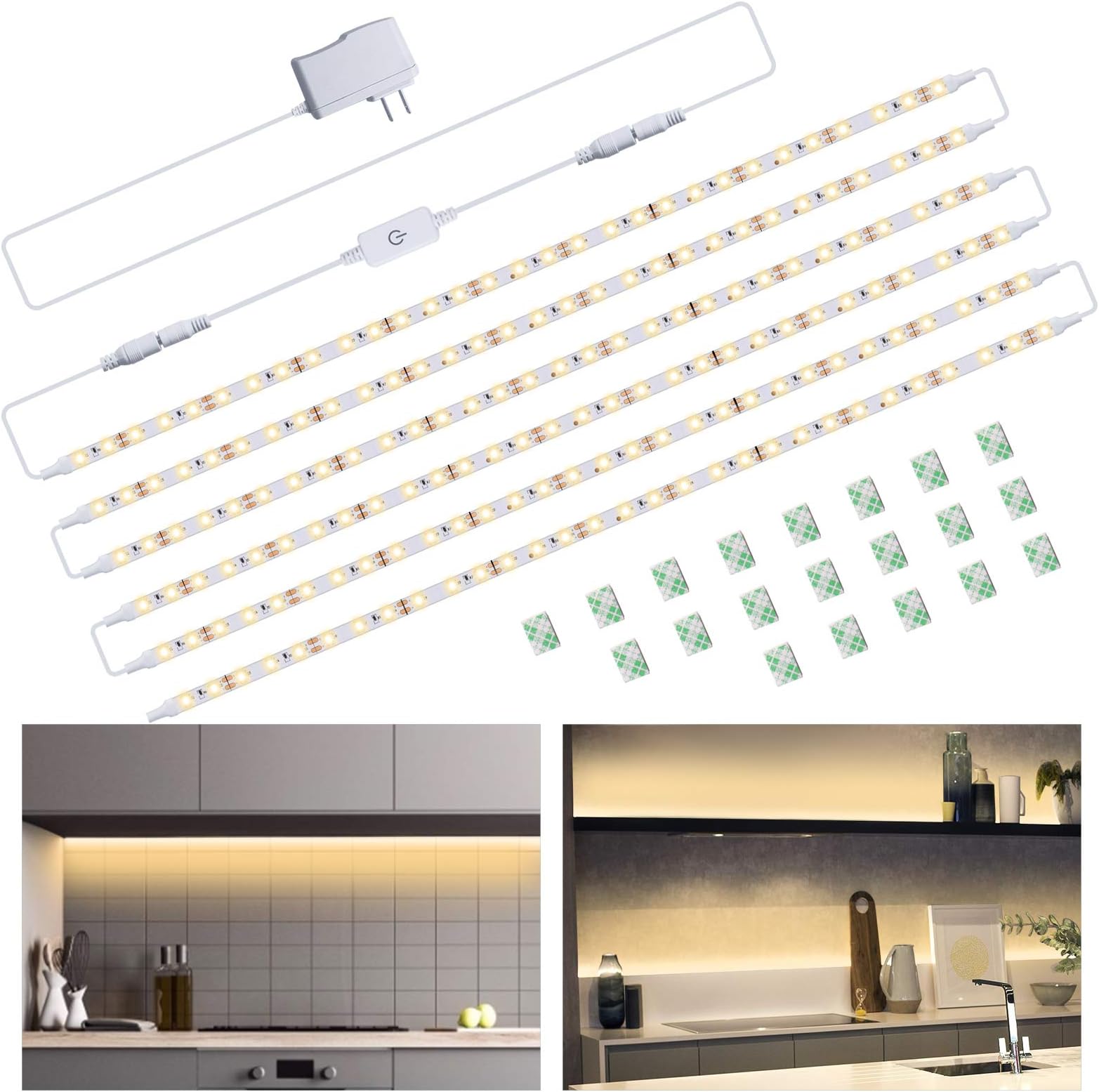 Under Cabinet LED Lighting Kit, LED Strip Light with Dimmer and Adapter, Under Counter Lights for Kitchen 9.8FT Dimmable Lights for Kitchen Cabinet, Counter, Shelf, TV Back, Closet 3000K Warm White