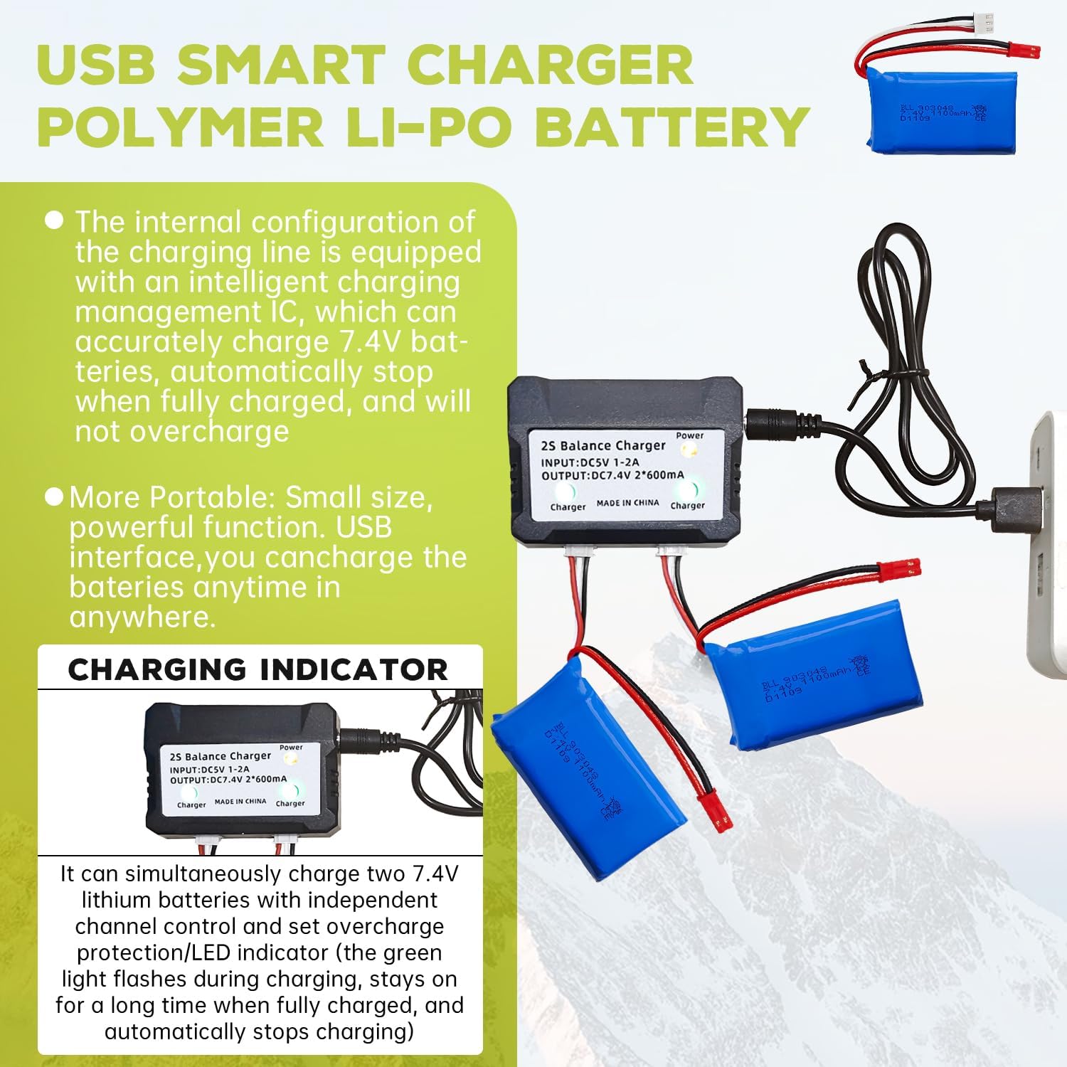 sea jump 2PCS 7.4V 1100mah Lithium Battery+2in1 Converter Charger for WLtoys A949 A959 A969 A979 S989 V912 T23 T55 F45 A320 A321 RC Car Remote Control Unmanned Lithium Battery