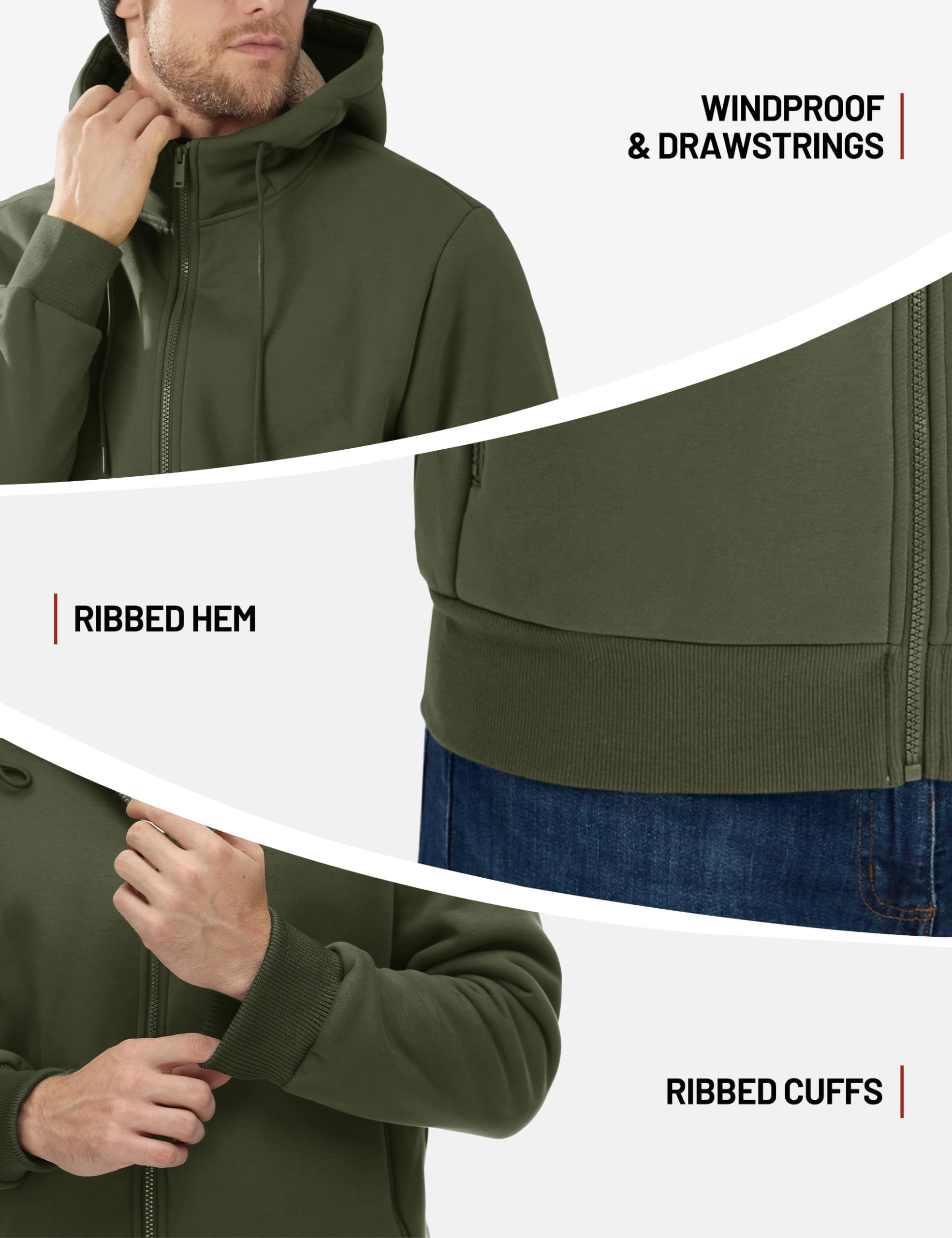TACVASEN Herren Gefüttert Kapuzenpullover Hoodie Sweatjacke Fleecejacke Langarm Jacke