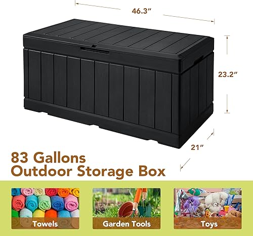 Miniatura 6 de GUNJI Caja de almacenamiento de 83 galones para exteriores, impermeable, grande, de resina, para patio, banco de almacenamiento, contenedor de