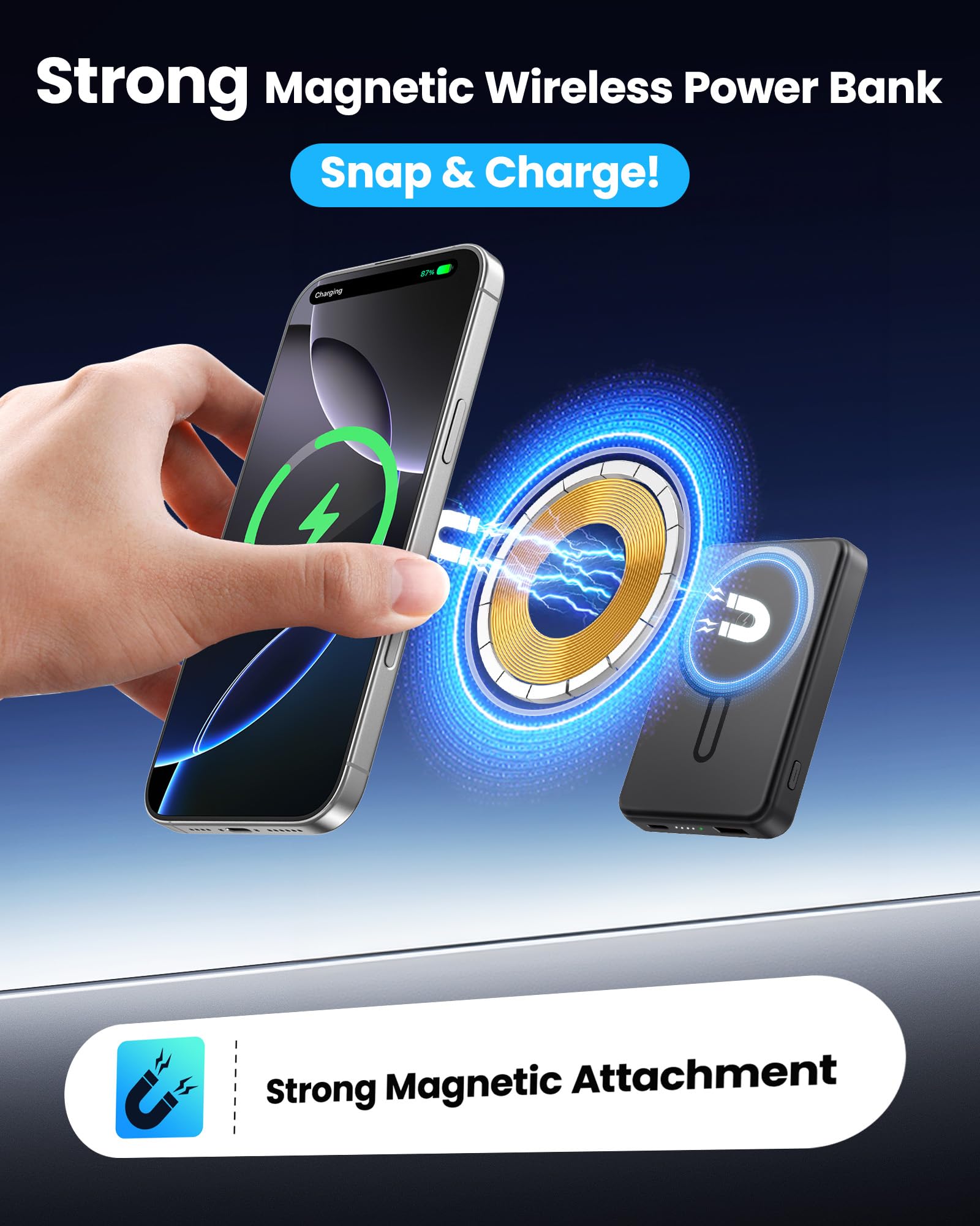 for Magsafe Portable Charger 5000mAh, Slim Magnetic Battery Pack, 15W Wireless Magnetic Battery Pack, 20W PD Fast Charging, Magnetic Power Bank for iPhone 17/16/15/14/13/12 Series (Black)