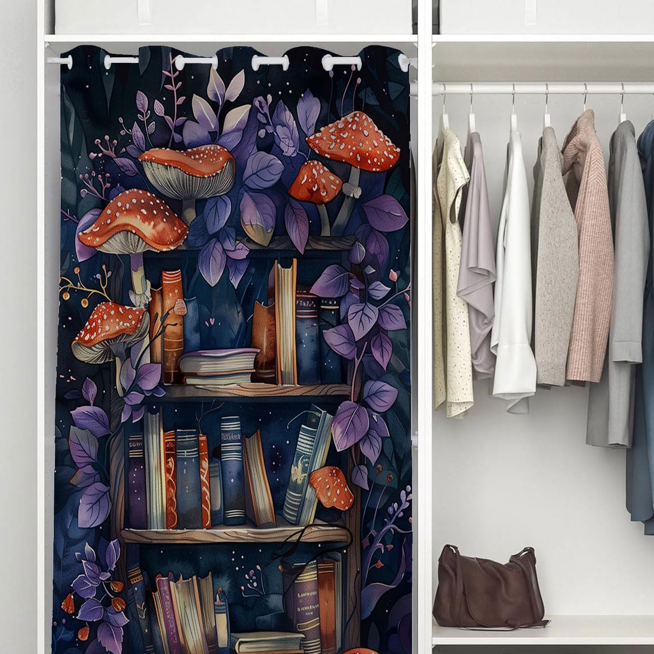 Bookshelf Door Curtain, Enchanted Books Magical Mushroom Fantasy Closet Door Cover Curtain for Kids Boys Girls Teens Room Decor, 1 Panel 42" W X 80" L