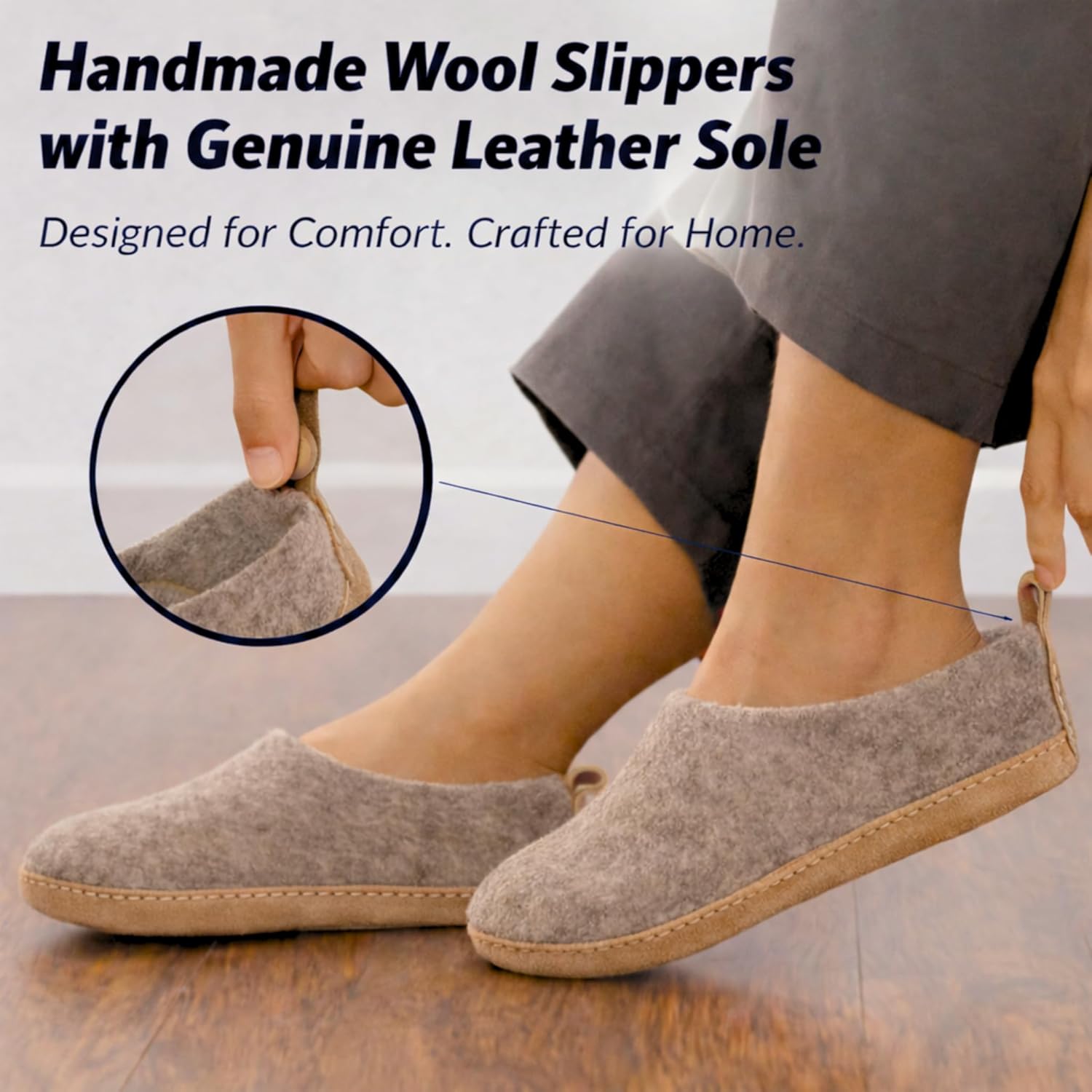 Wool Indoor Slippers - Natural Organic Wool, Genuine Leather Sole, Handmade in Nepal - Cozy, Warm, Soft, Unisex Non-Slip House Shoes for Men & Women - Perfect for Winter Comfort - Image 2