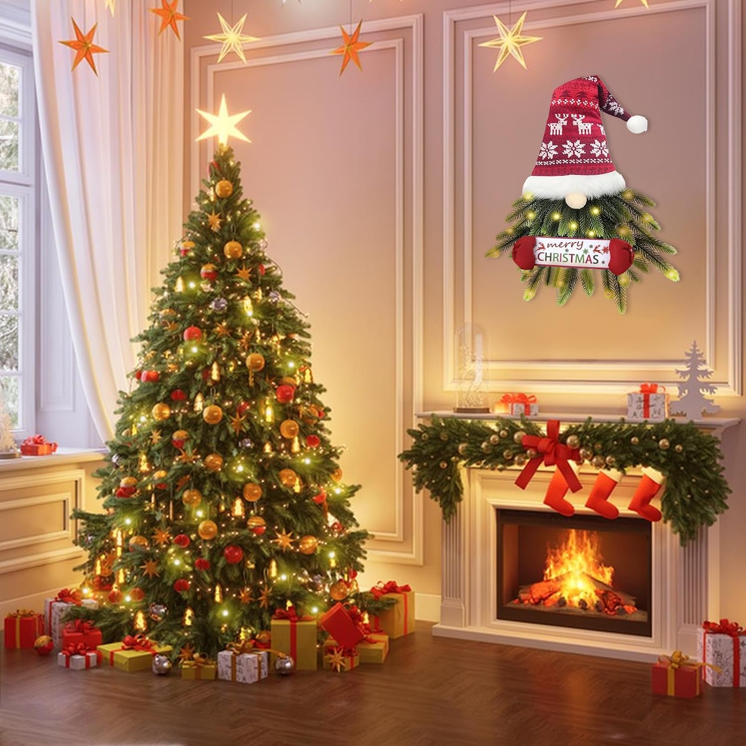 Glowing Santa Christmas Wreath for Front Door - Lighted Santa Claus Door Decor with Merry Christmas Sign, Holiday Hanging Decoration for Window Wall Indoor Outdoor Farmhouse Xmas Decor