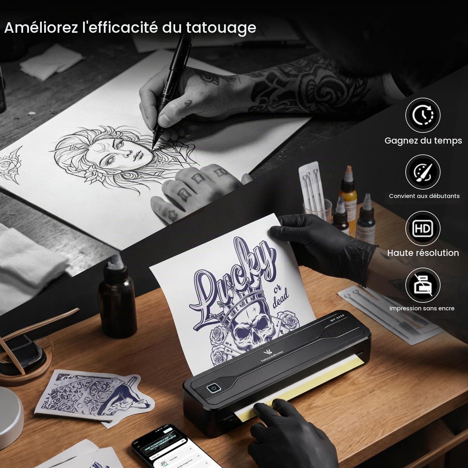 TATELF Kit Complet de TatouageSans Fil – Imprimante Thermique A4 Bluetooth & Stylo Rotatif (Batterie 2300mAh, 7 Hauteurs) – Inclut 20 Aiguilles, 10 Encres et Papier Transfert pour Tatoueurs et Esthéti