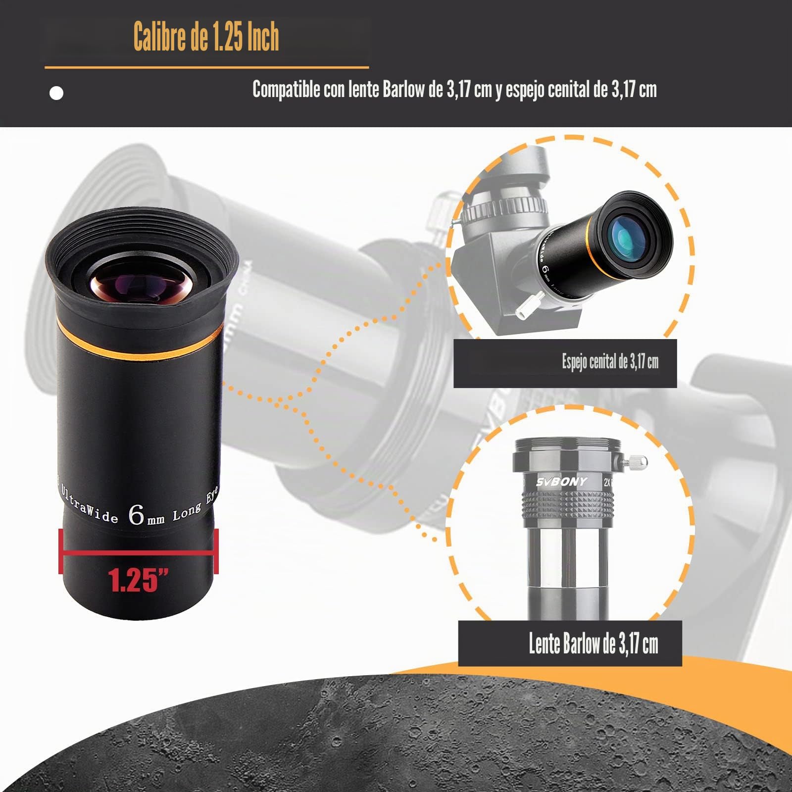 Svbony Ocular Telescopio 6mm 1.25", Ocular Ultra Gran Angular 66°, Metal Totalmente Ocular para Telescopio y Filtros