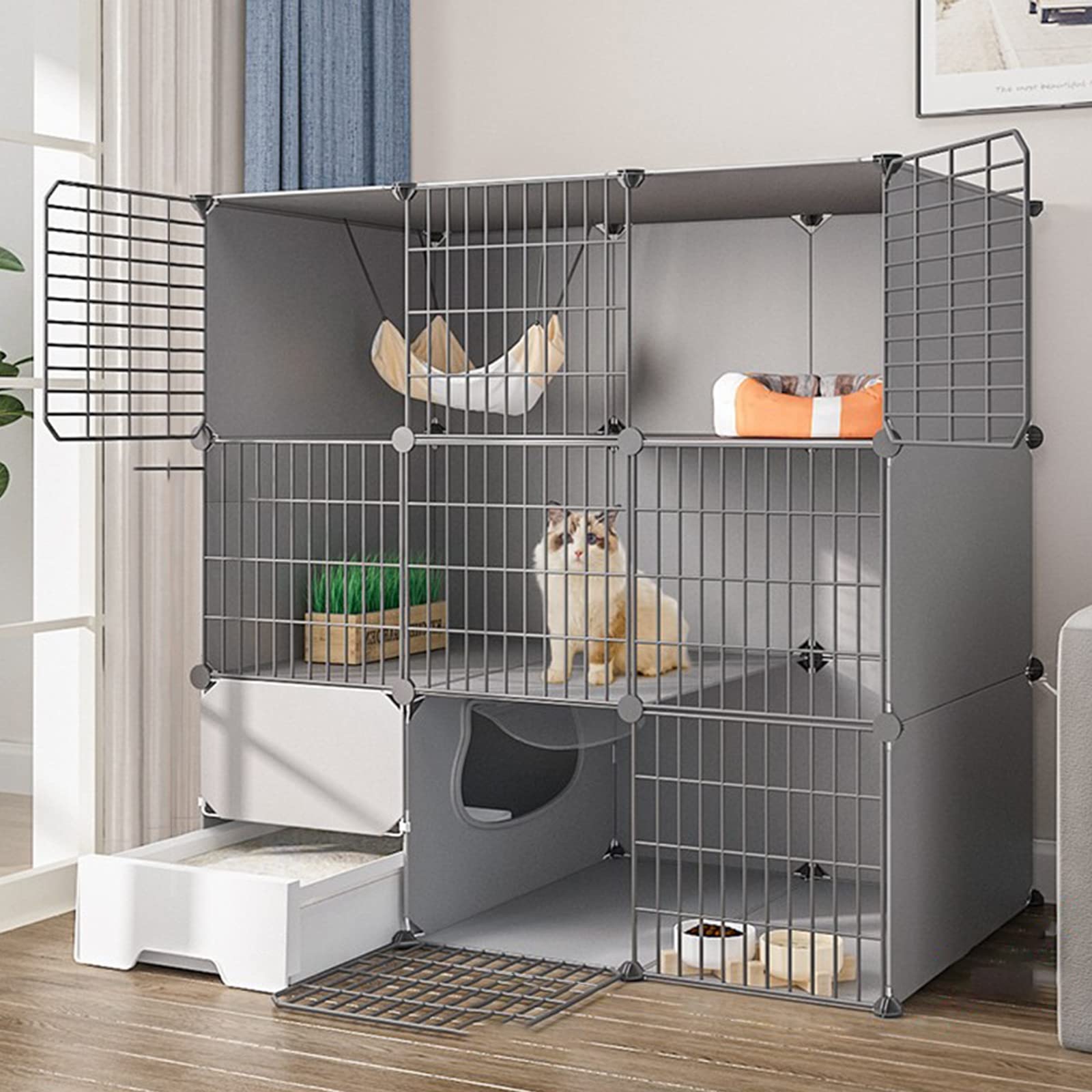 asdchZen 2 Tier Cat Cages Indoor With Litter Box,Portable Cat Cage,Small Pet Cages,Detachable Metal Wire Cat Cage,Exercise Place For 1-2 Cats,White,111 * 49 * 111Cm,A-111 * 49 * 111cm