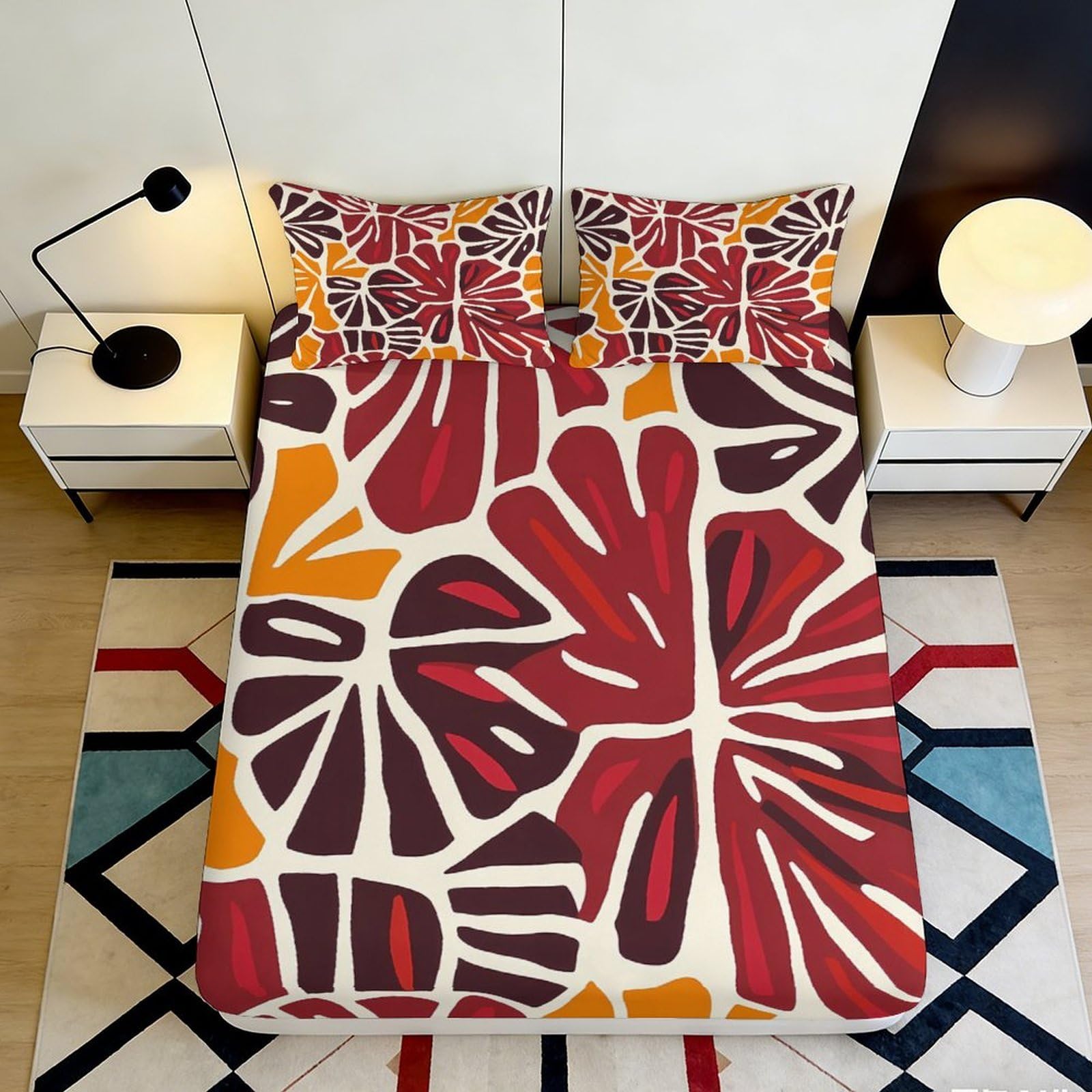 3D Printed Abstract Leaf Fitted Sheet Microfiber Red Orange Artistic Mattress Cover Bedroom Decor Easy Care 90x200x25cm
