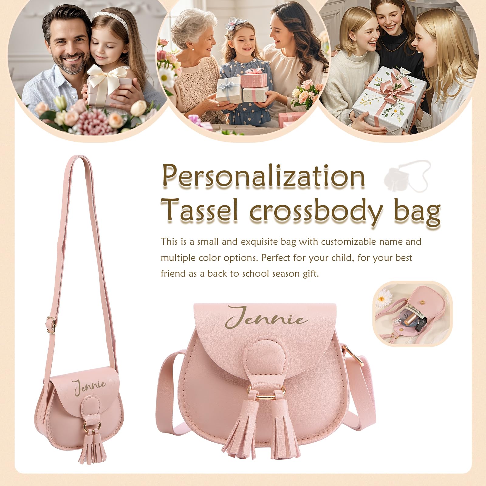 Sac Bandoulière Personnalisé Pour Fille Avec Prénom, Mini Sac À Bandoulière En Cuir PU Avec Pompon, Petit Sac À Main À Bandoulière Réglable Pour Enfants, Cadeau D’anniversaire Et De Noël