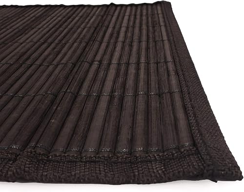 Miniatura 2 de BambooMN Mantel individual de listones de bambú con borde de tela, estampado en color sólido, 18 x 13 pulgadas, negro, 6 piezas