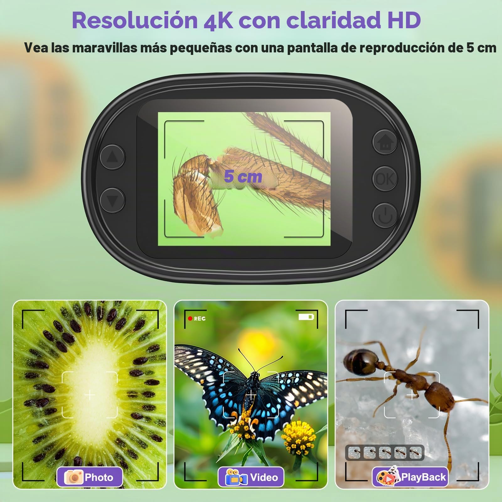 Microscopio de Mano 1000X para niños, 4K, Pantalla de 2 Pulgadas, Recargable, Mini microscopios Digitales de Bolsillo con Kit de Diapositivas, Regalo Edu portátil, para niños y Estudiantes