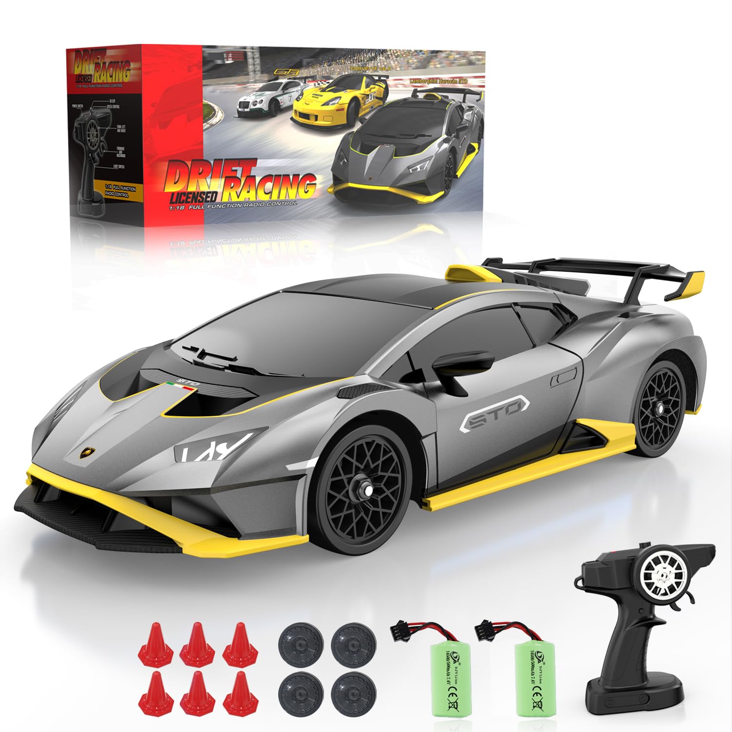 LUXOS RC Lamborghini Remote Control Car, 1:18 Scale Official Licensed Lamborghini Toy Car, 2.4Ghz RC Drift Car Toys for Boys Age 6-8 4-6 8-12 Year Old Birthday Gift Ideas, Mini Drift Race Cars (Grey)