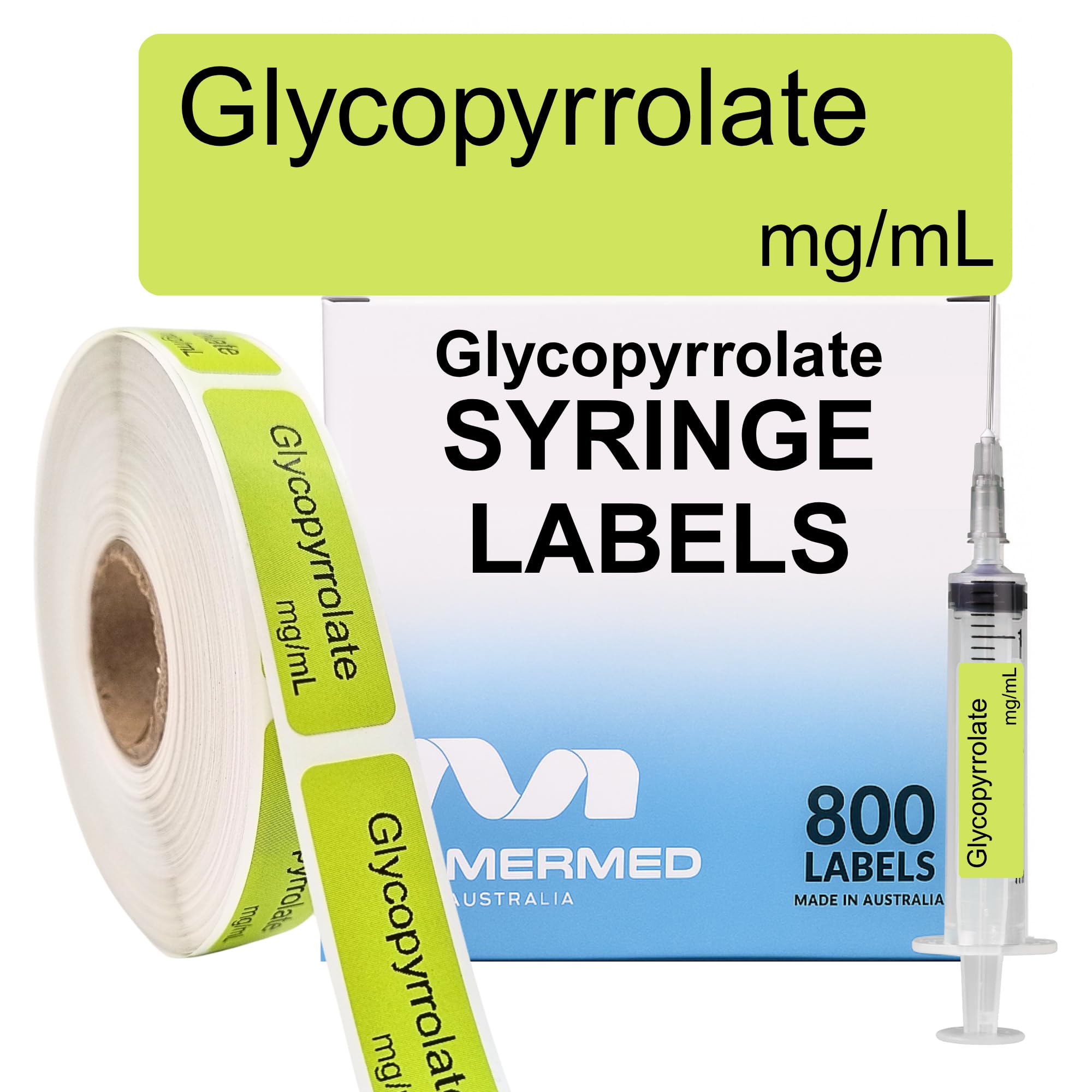 Glycopyrrolate mg/mL Syringe Labels - Box of 800 Labels on Roll (1" core). 12mm x 40mm (Approx. 0.5" x 1.5"). Latex-Free Permanent Adhesive. Printed in Australia by Specialist Medical Printer. โ image 1