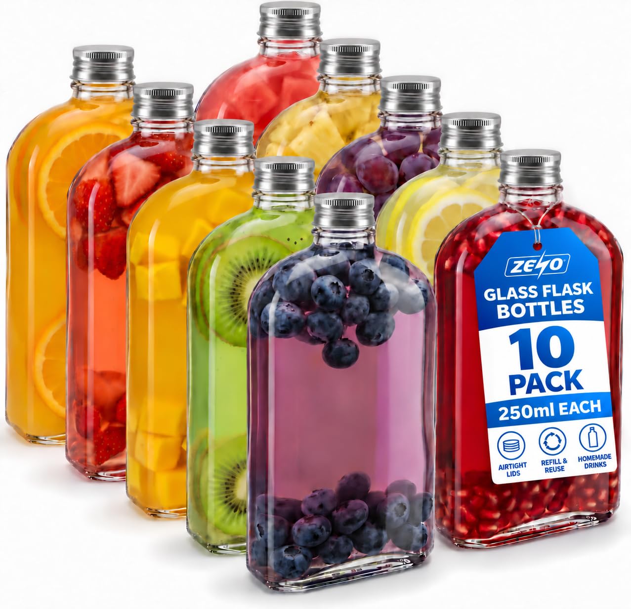 ZENO 250ml Glass Flask Bottles with Screw Tops - 10 Pack | Reusable Twist-Off Lids | Airtight Glass Bottle for Home | Great for Gin, Liqueur, Schnapps, Wine, Cider, Soda, Vodka
