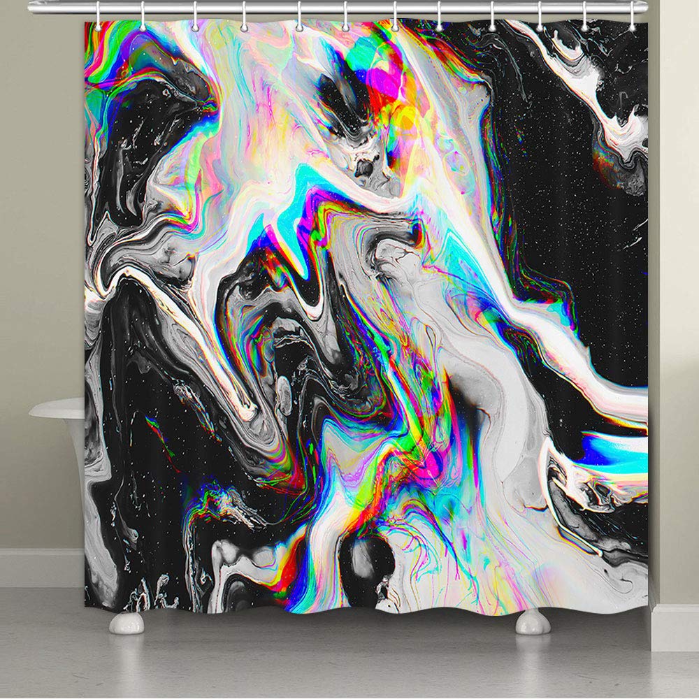 JAWO Black and White Marble Shower Curtain Cool Colorful Gouache Rainbow Gold Crack Shower Curtain Set, Abstract Waterproof Shower Curtain Marble, Hooks Included,72X72