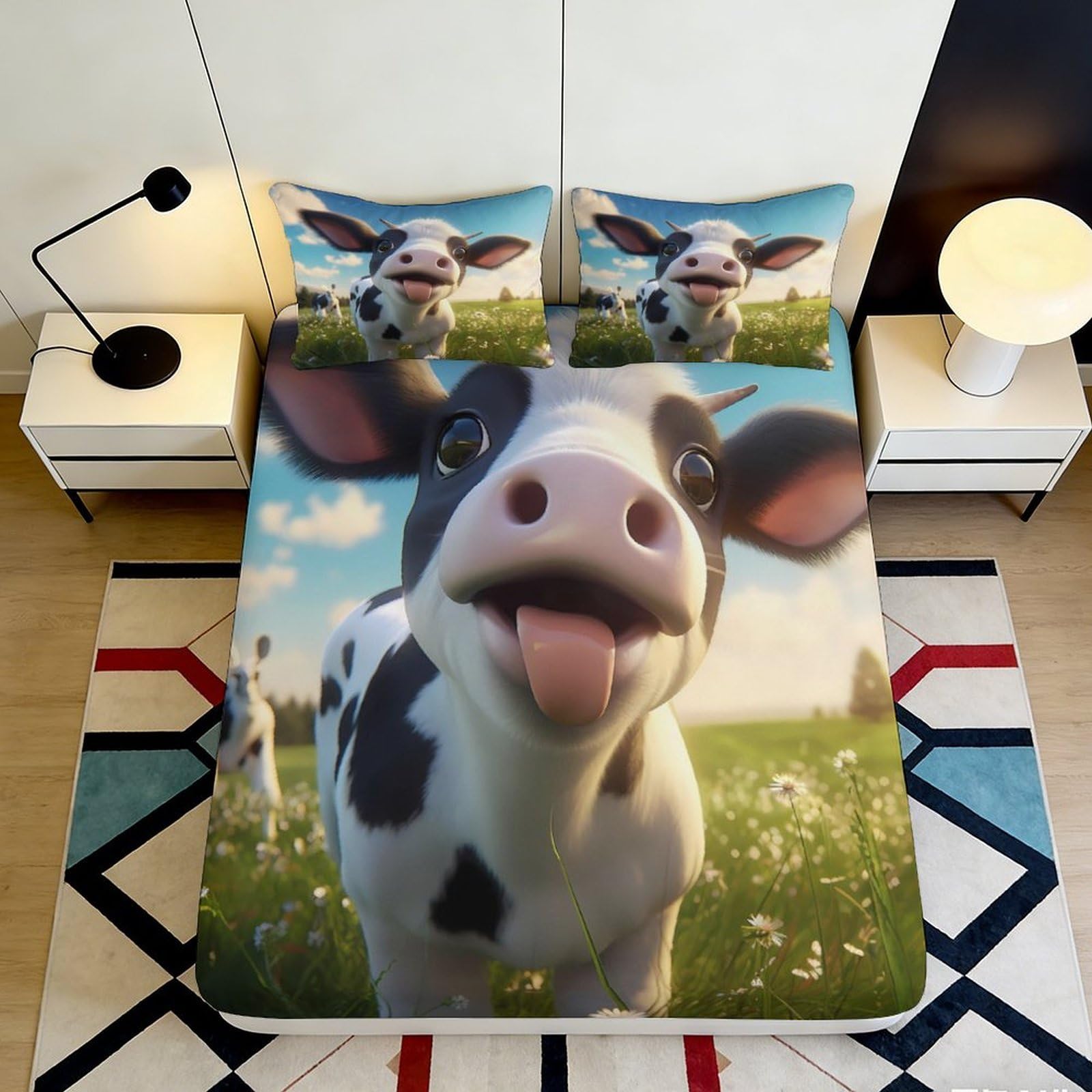 3D Printed Cartoon Cow Fitted Sheet Microfiber Soft Animal Pasture Mattress Cover for Bedroom Guest Room Decor 90x200x25cm