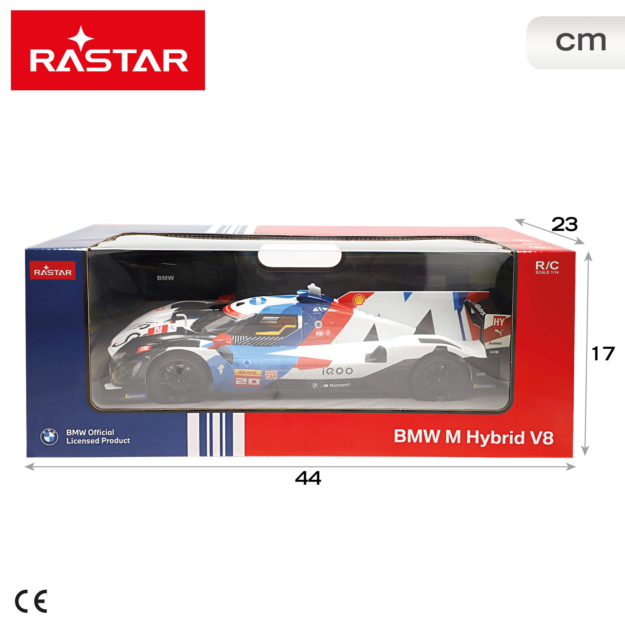 ColorBaby Rastar Samochód zdalnie sterowany BMW M Hybrid V8, skala 1:14, światła przednie, pilot zdalnego sterowania, otwieranie drzwi, podwójna prędkość 7-11 km/h, 2,4 GHz, oficjalny projekt (41325)