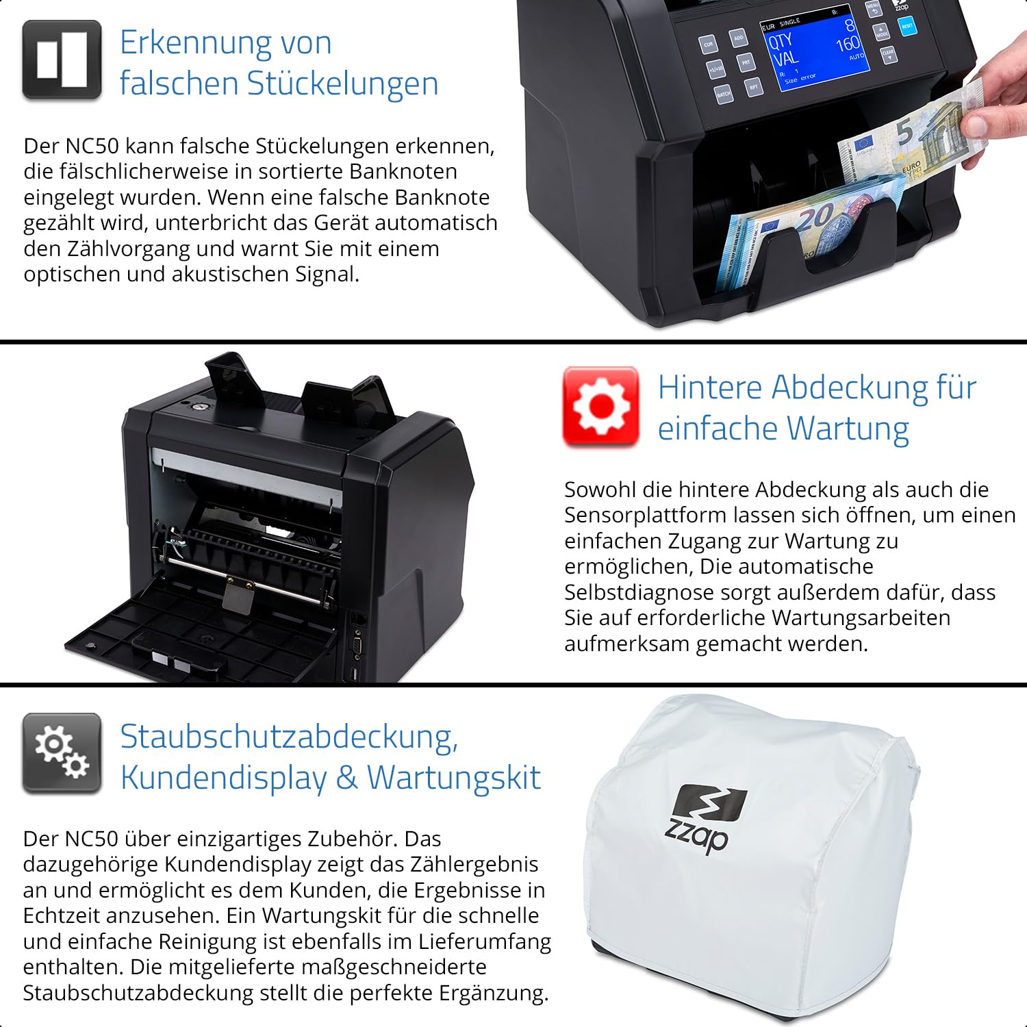 ZZap NC50 Banknotenzähler & Falschgeld-Detektor - Wertzähler für gemischte Stückelungen – Bargeld-Währungsmaschine