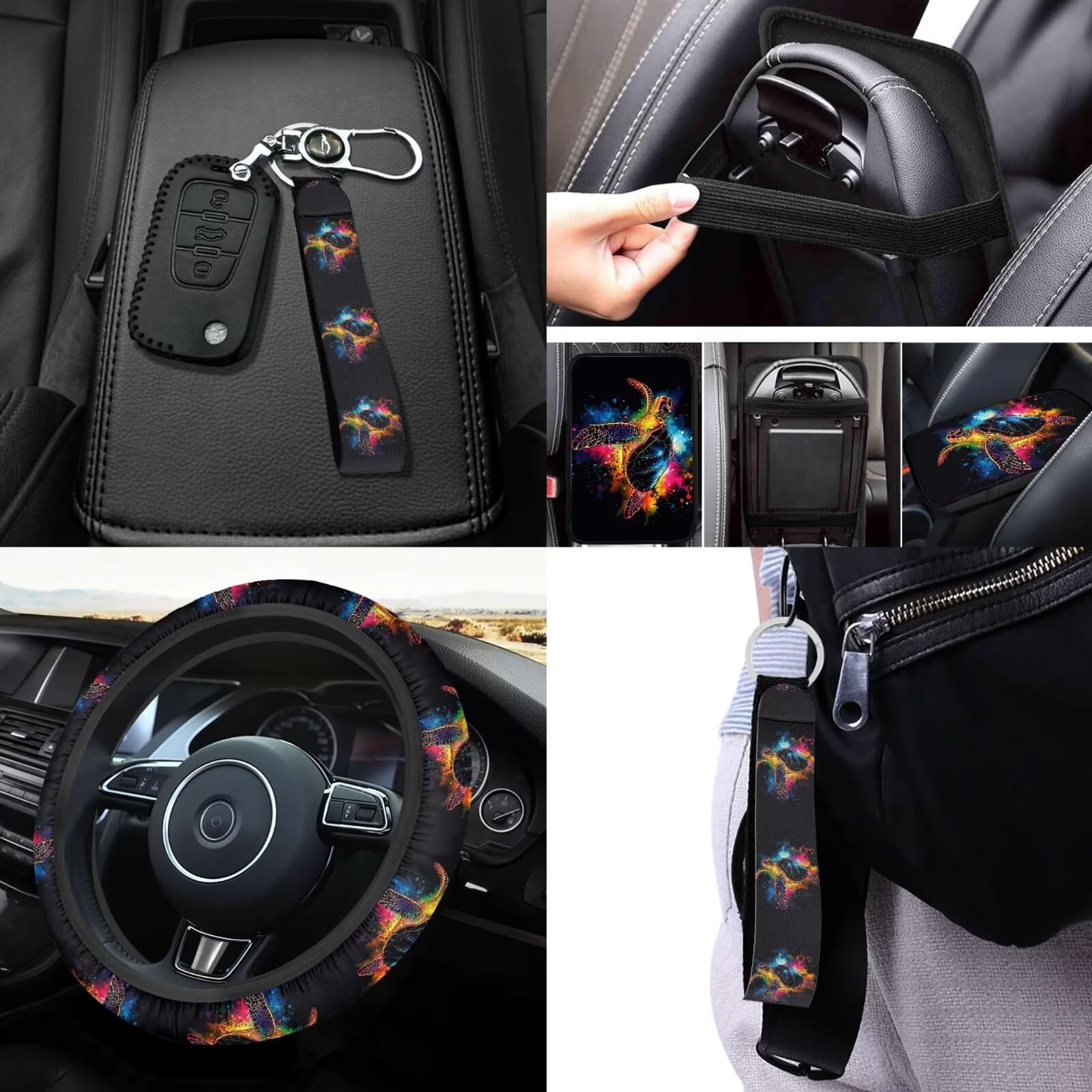 Set completo di coprisedili per auto, motivo tartaruga, 14 pezzi, decorazione per interni auto, universale, coprivolante posteriore, per cinture di sicurezza, portabicchieri