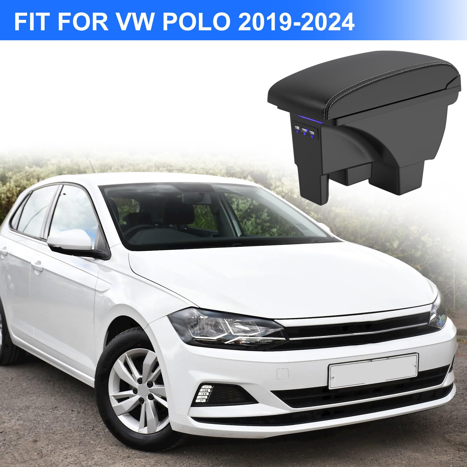 Auto Bracciolo Compatibile con VW Polo 2019 2020 2021 2022 2023 2024 Scatola Portaoggetti per Bracciolo Console Centrale Poggiabraccio Braccio vano Portaogget 3 Porte di USB - Linea Bianca