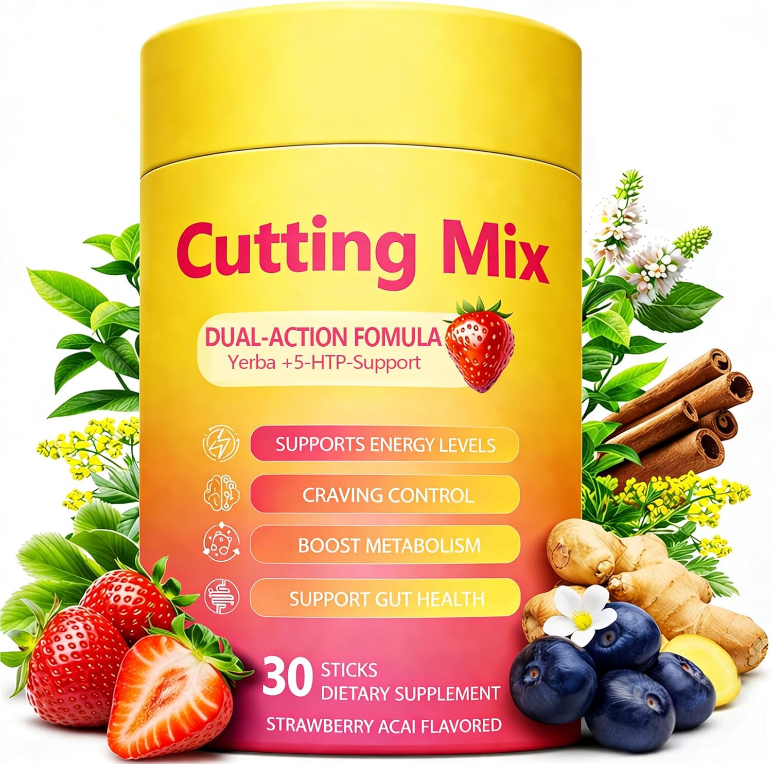 Cutting Drink Mix, Daily Wellness Support with 5-HTP, Yerba Mate & Prebiotic Fiber, Sugar Free Drink Mix Powder Sticks, Flavored Water Mix with Electrolytes, Strawberry Flavor – 30 Servings