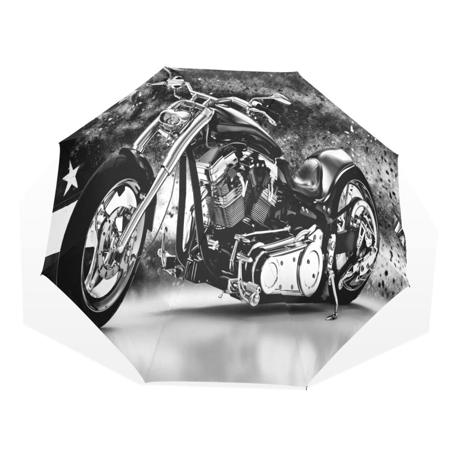 Poeticcity Vintage Retro Black Motorcycle with Vintage Old American Flag Rain Travel Umbrella, Hand Open Close Windproof Waterproof Folding Umbrella, Compact Canopy Strong Ray Parasol Umbrella