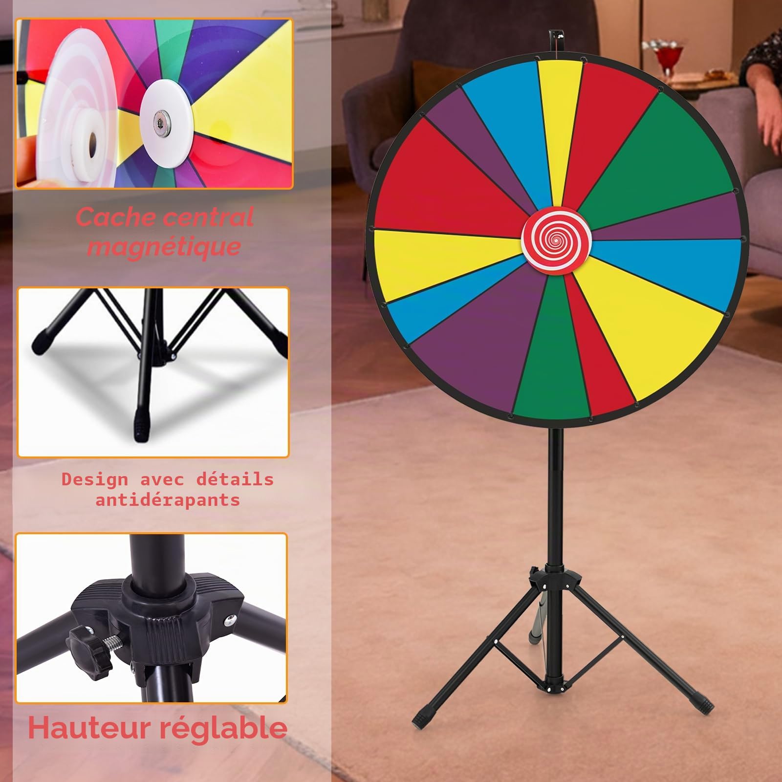 SOARS Roue de la Fortune 30", Hauteur Réglable de 140-170 CM, Personnalisable avec Marqueur pour Tableau Blanc et Éponge, pour Jeux de Mots, Famille (76 CM, 14 Emplacements)