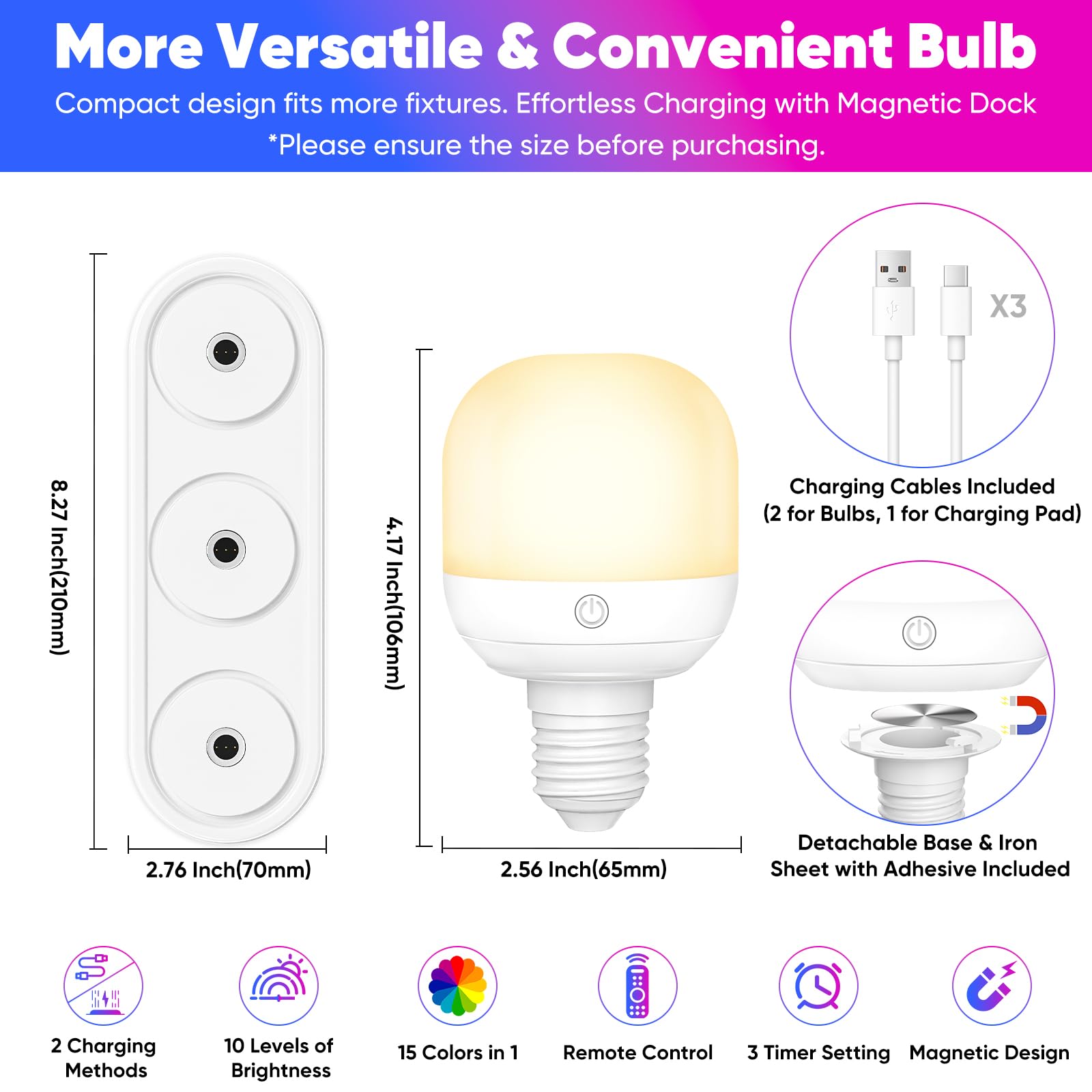 Juego de bombillas recargables que funcionan con pilas con estación de carga magnética 3 en 1 y control remoto, bombilla LED desmontable regulable inalámbrica con 15 colores seleccionables para