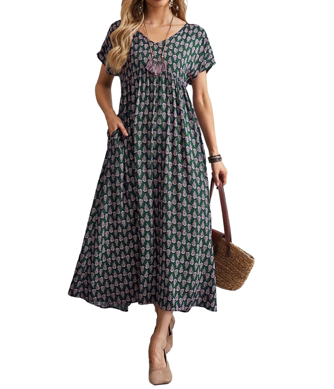 TBAWomen's Summer Bohemian Floral Printed Dress Sexy V-Neck Short Sleeve High Waist Smocked A Line Flowy Midi Dresses