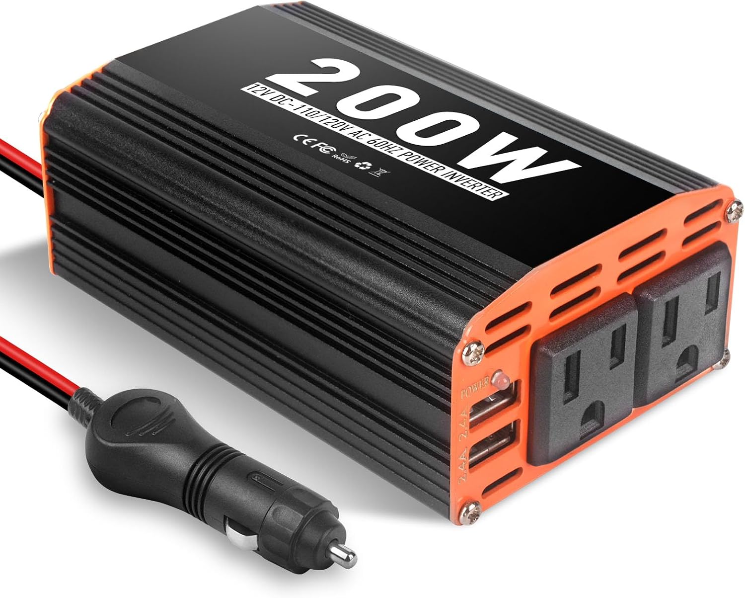 200W Car Power Inverter 12V AC to 110V/120V DC Converter Peak Power 400W Indoor & Outdoor Use with 2 AC Outlets & 2 USB Ports Car Laptop Charger Car Adapter