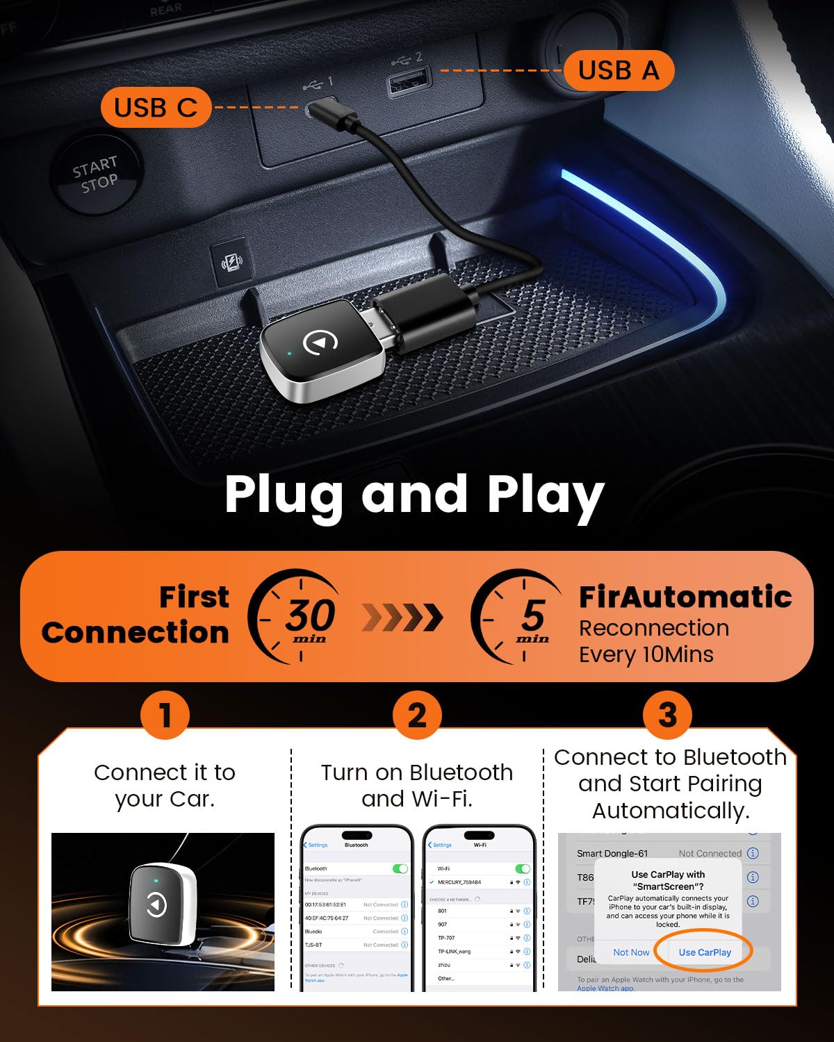 Wireless Apple CarPlay Adapter für iPhone, Kabelloser CarPlay Dongle mit Bluetooth 5.3 & 5.8GHz WiFi, Plug & Play Auto Adapter für Fahrzeuge mit kabelgebundenem CarPlay, Automatische Verbindung