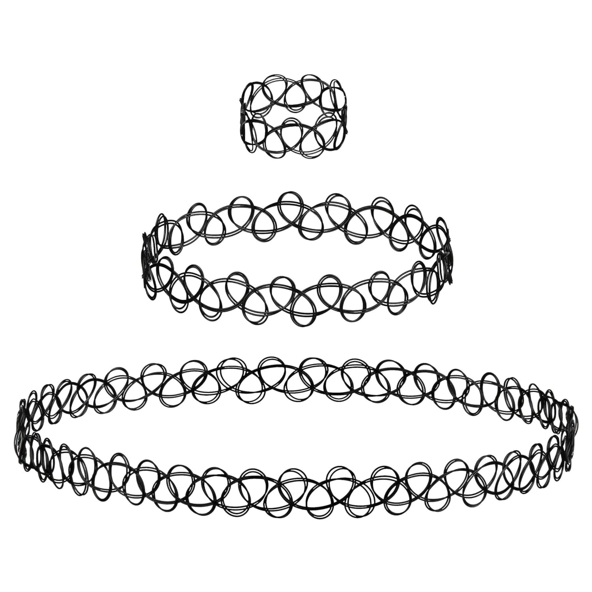 3PC Tattoo Choker Set Necklace Bracelet Ring - 90s Necklace 2000s Y2K Fashion Vintage - Stretchy Elastic Neck Lace Women's - Gothic Black Multicolor Rainbow - Classic Fashion Trend