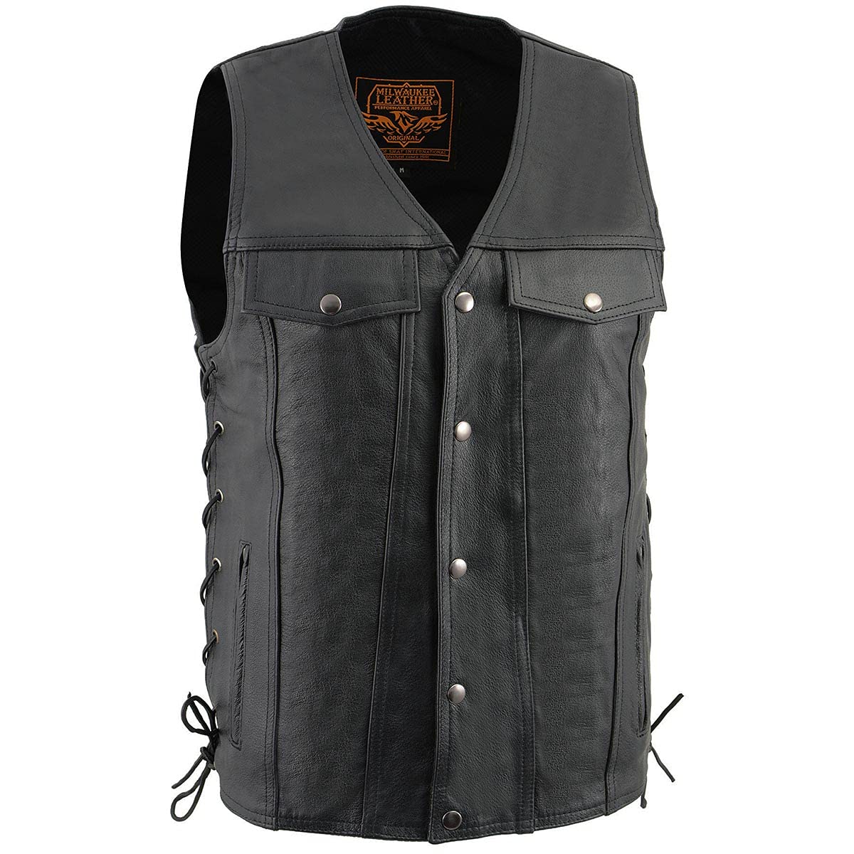 Milwaukee Leather LKM1360 Men's Classic Black Leather V-Neck Motorcycle Rider Vest w/Adjustable Side Laces - X-Large