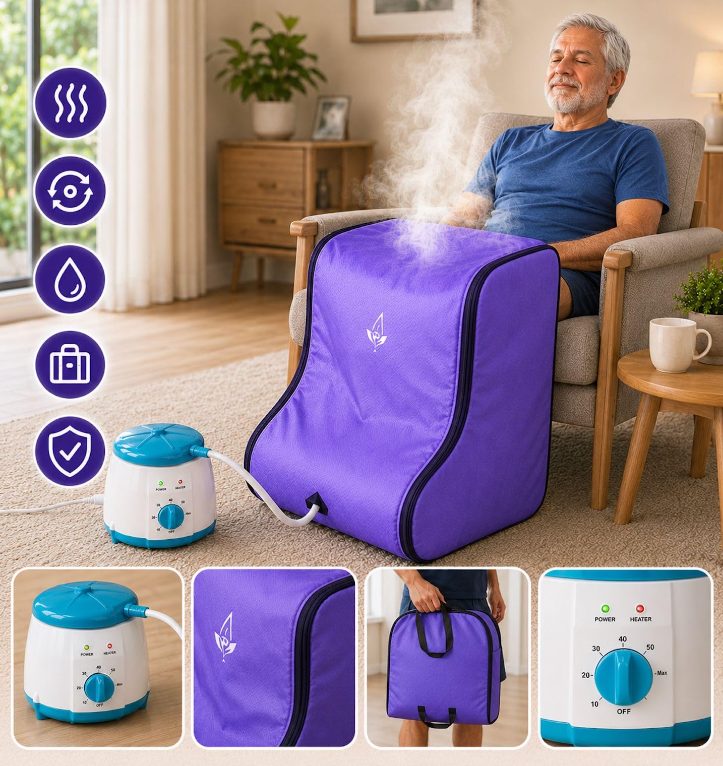 Kawachi AquaVeda Leg Spa Home Steam Therapy for Joint Pain Relief and Relaxation, Personal Leg Steam Therapy Violet 1